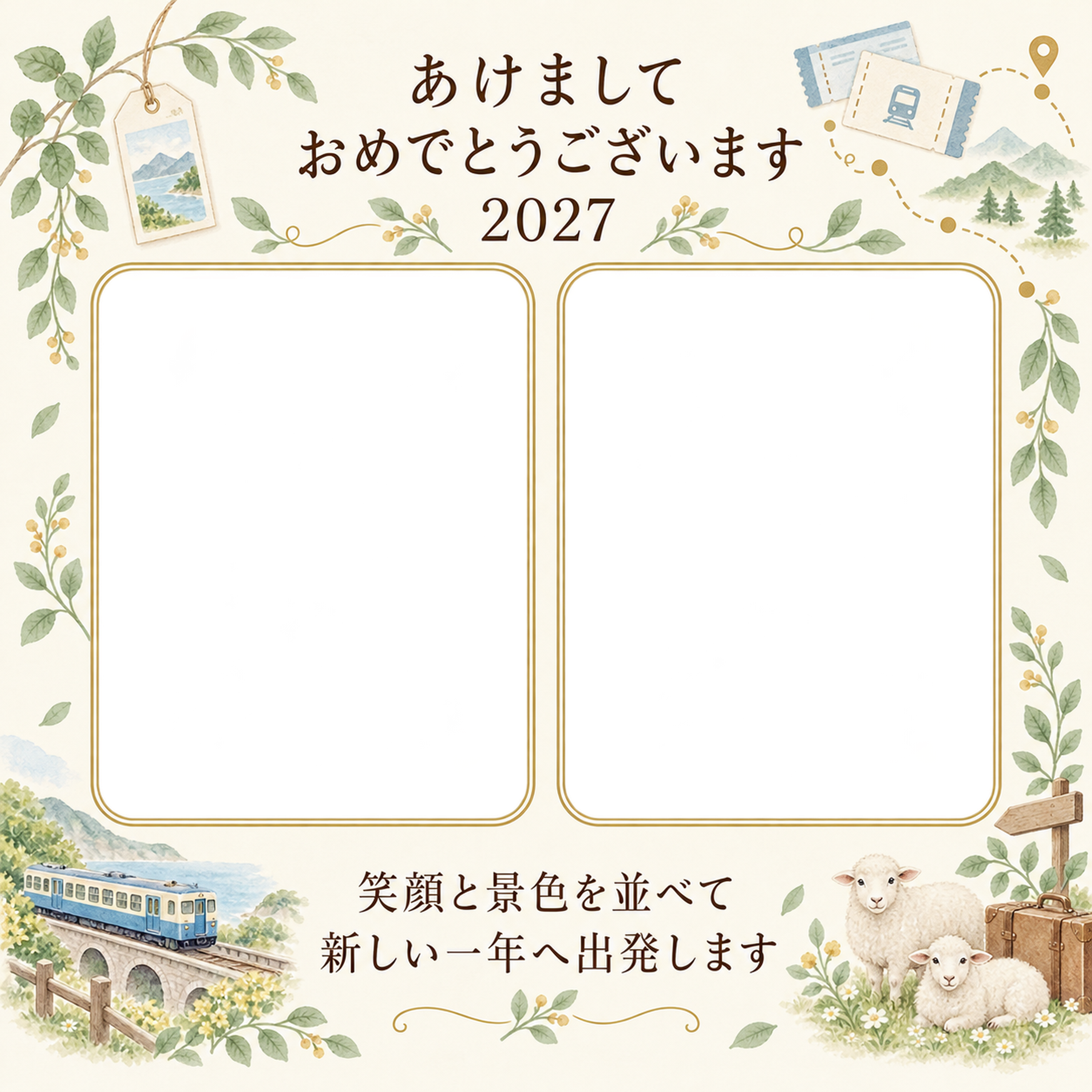 汽車でめぐる旅の写真年賀状｜大人の無料イラスト素材 98924に写真・文字を入れる