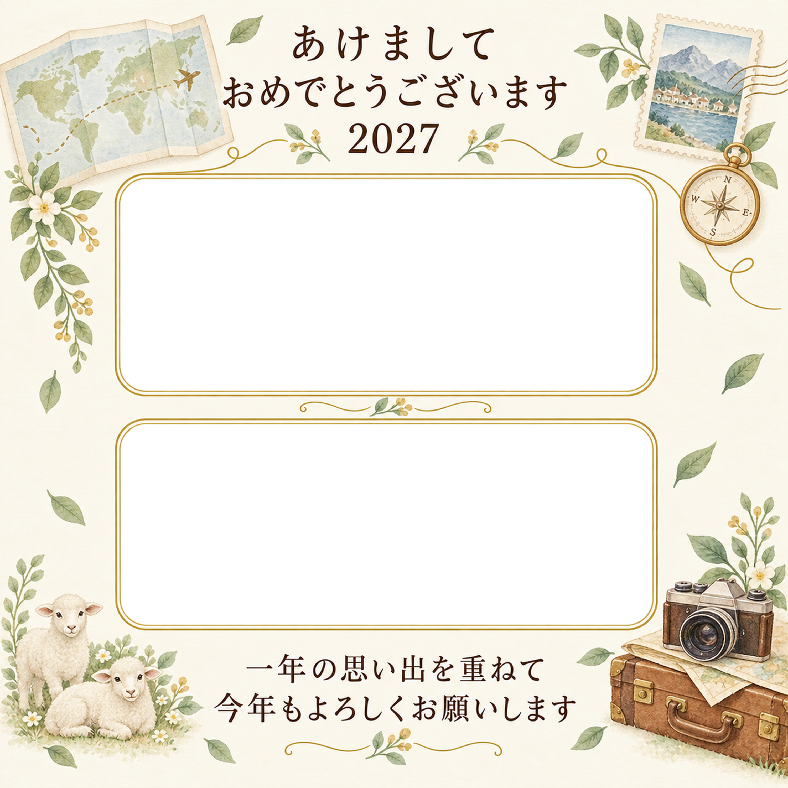 カメラと旅の記録の写真年賀状｜大人の無料イラスト素材 98926に写真・文字を入れる