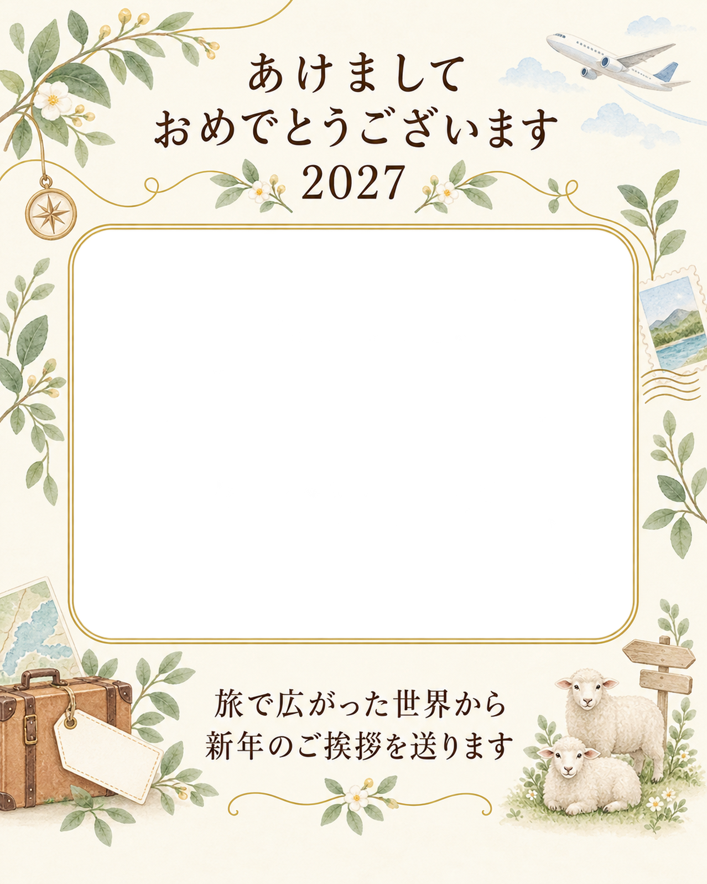空の旅と新年の便りの写真年賀状｜大人の無料イラスト素材 98927に写真・文字を入れる