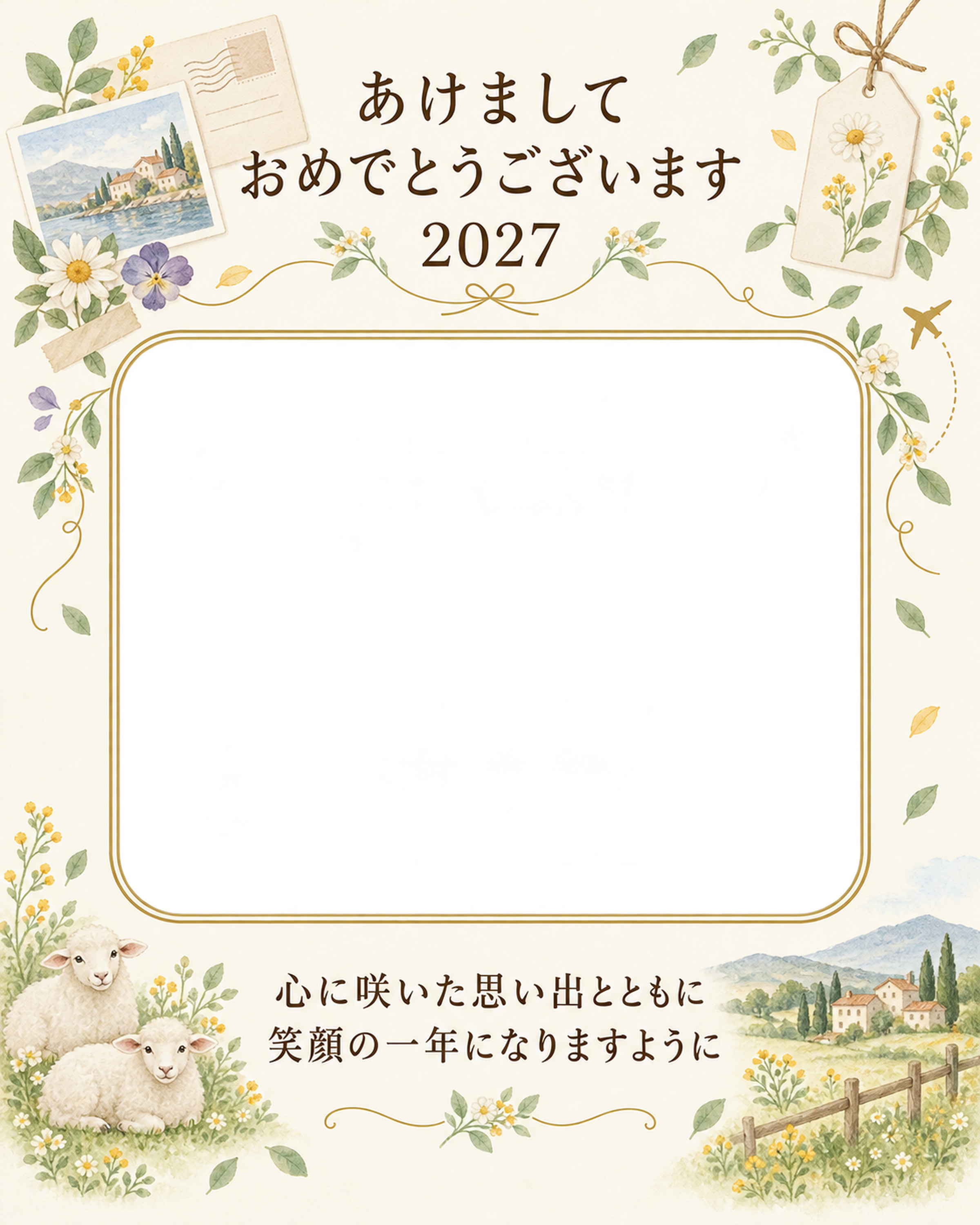 花の旅と記念写真の写真年賀状｜大人の無料イラスト素材 98929に写真・文字を入れる