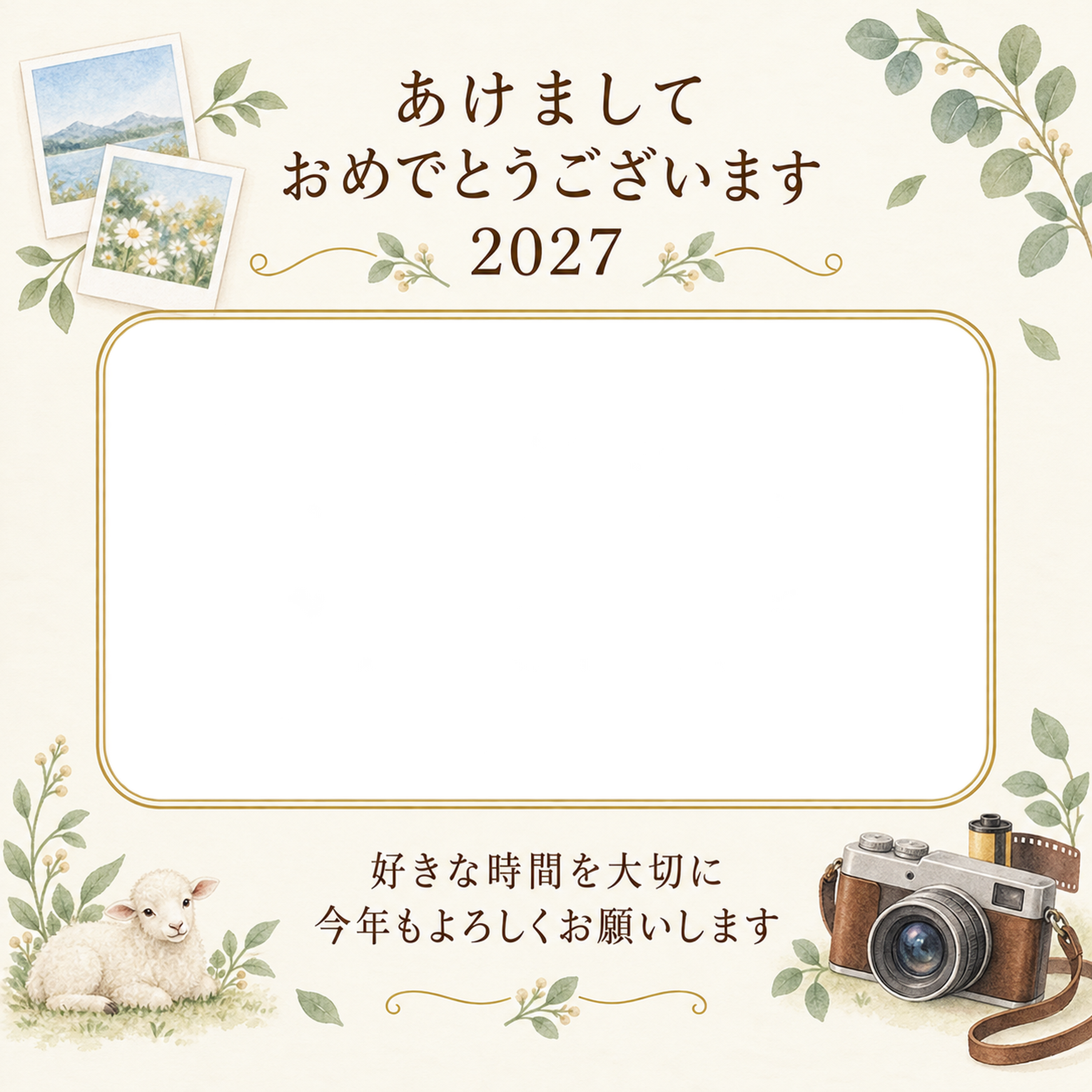 カメラとお気に入りの一枚の写真年賀状｜大人の無料イラスト素材 98932に写真・文字を入れる