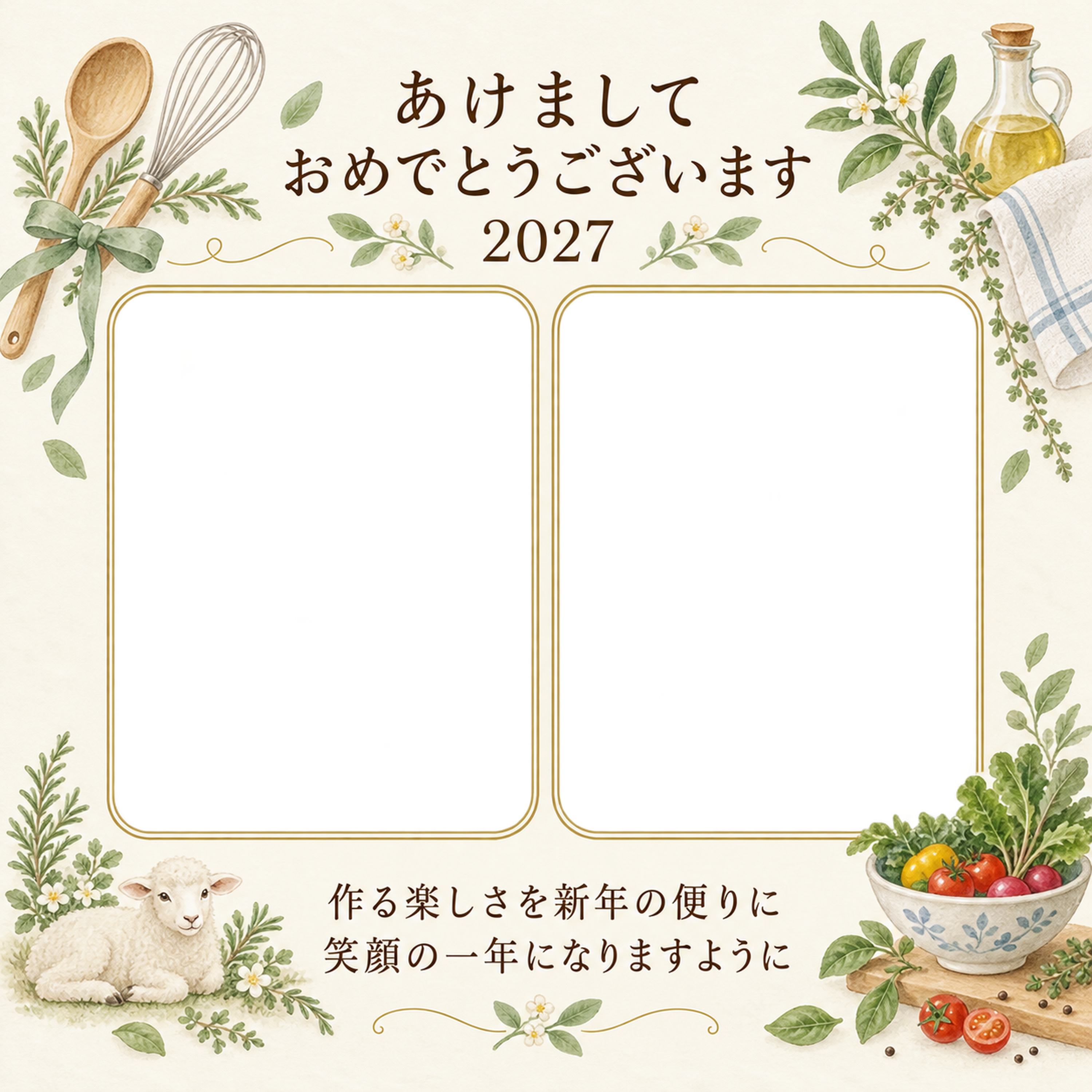 料理と食卓の楽しみの写真年賀状｜大人の無料イラスト素材 98933に写真・文字を入れる
