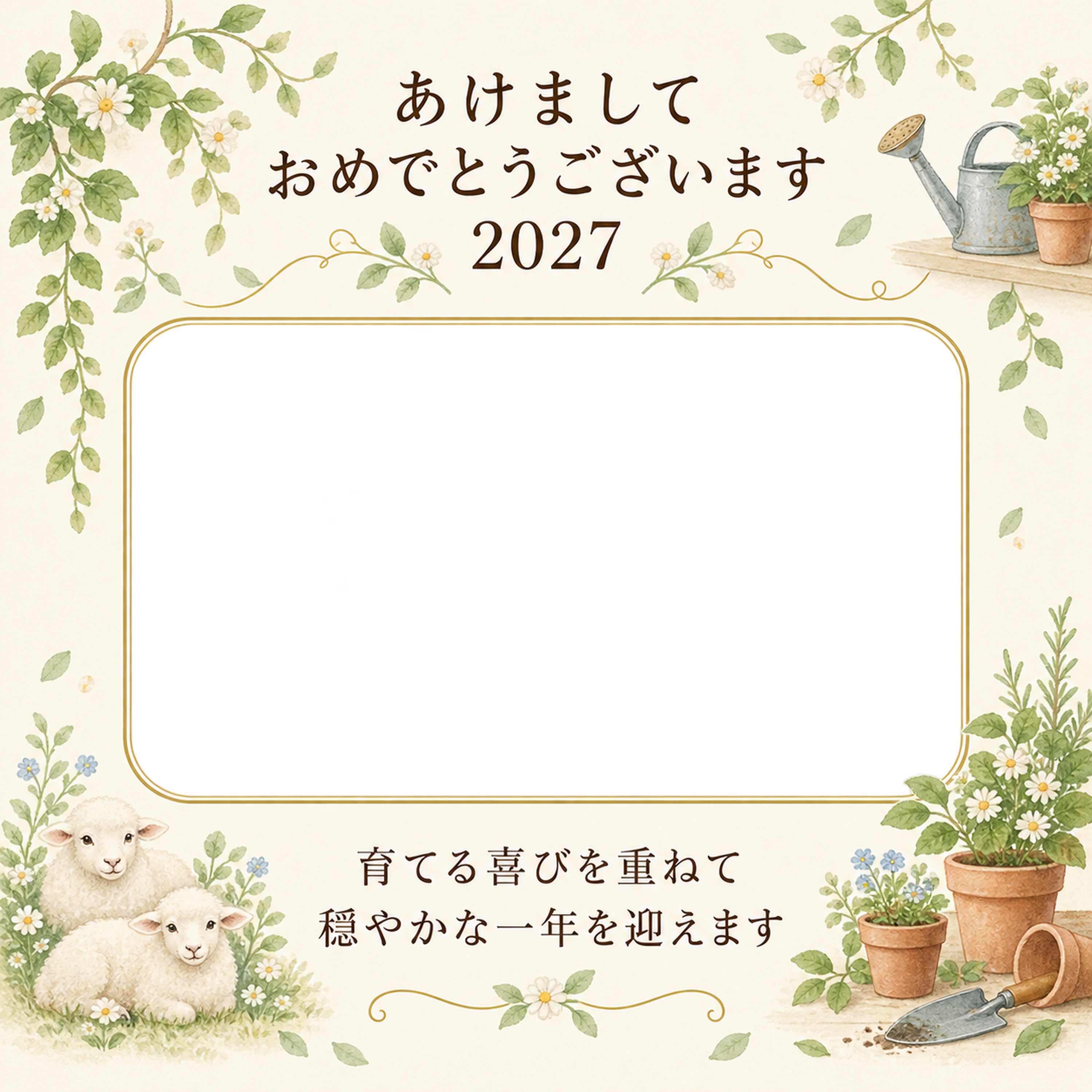 草花を育てる喜びの写真年賀状｜大人の無料イラスト素材 98934に写真・文字を入れる