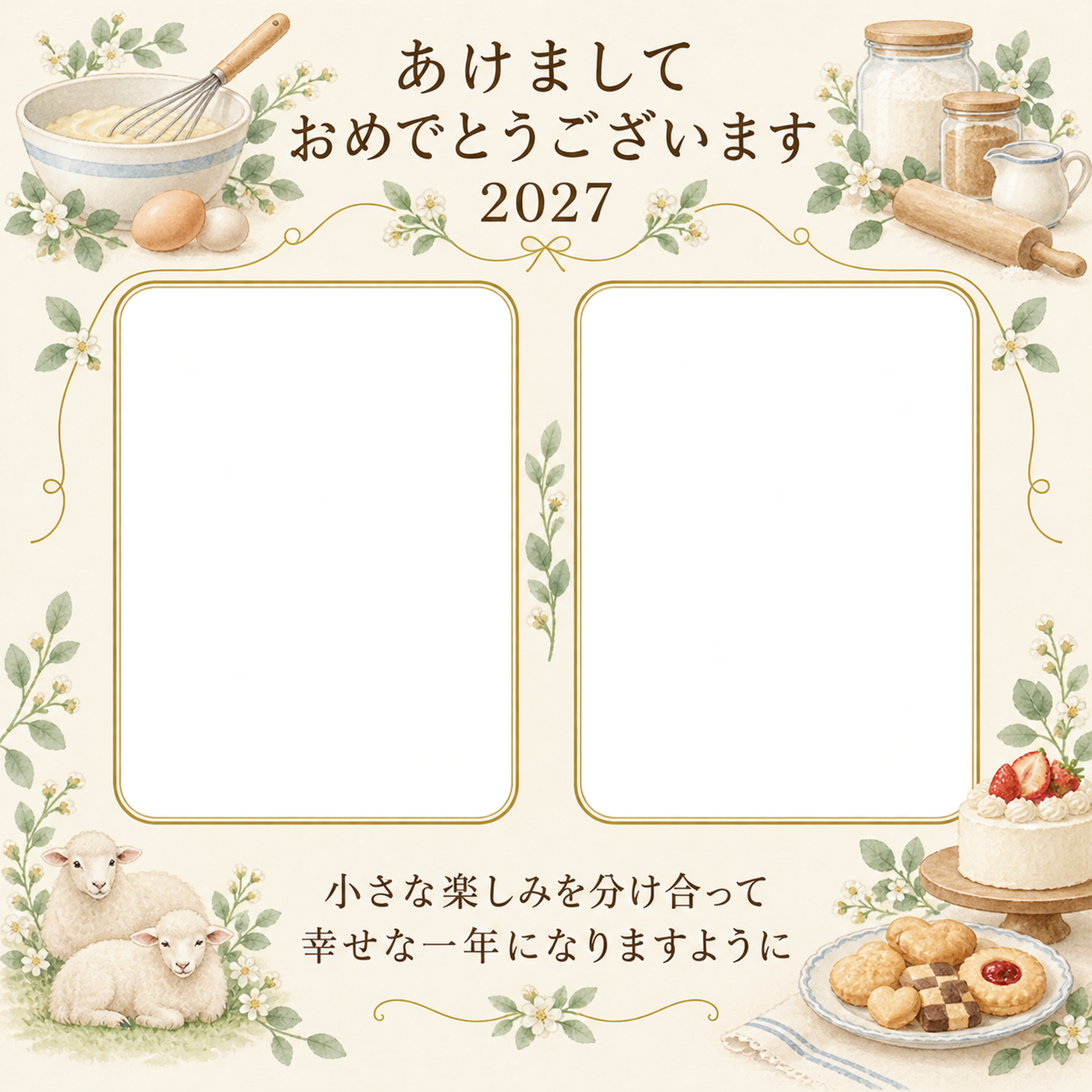 お菓子づくりの思い出の写真年賀状｜大人の無料イラスト素材 98937に写真・文字を入れる