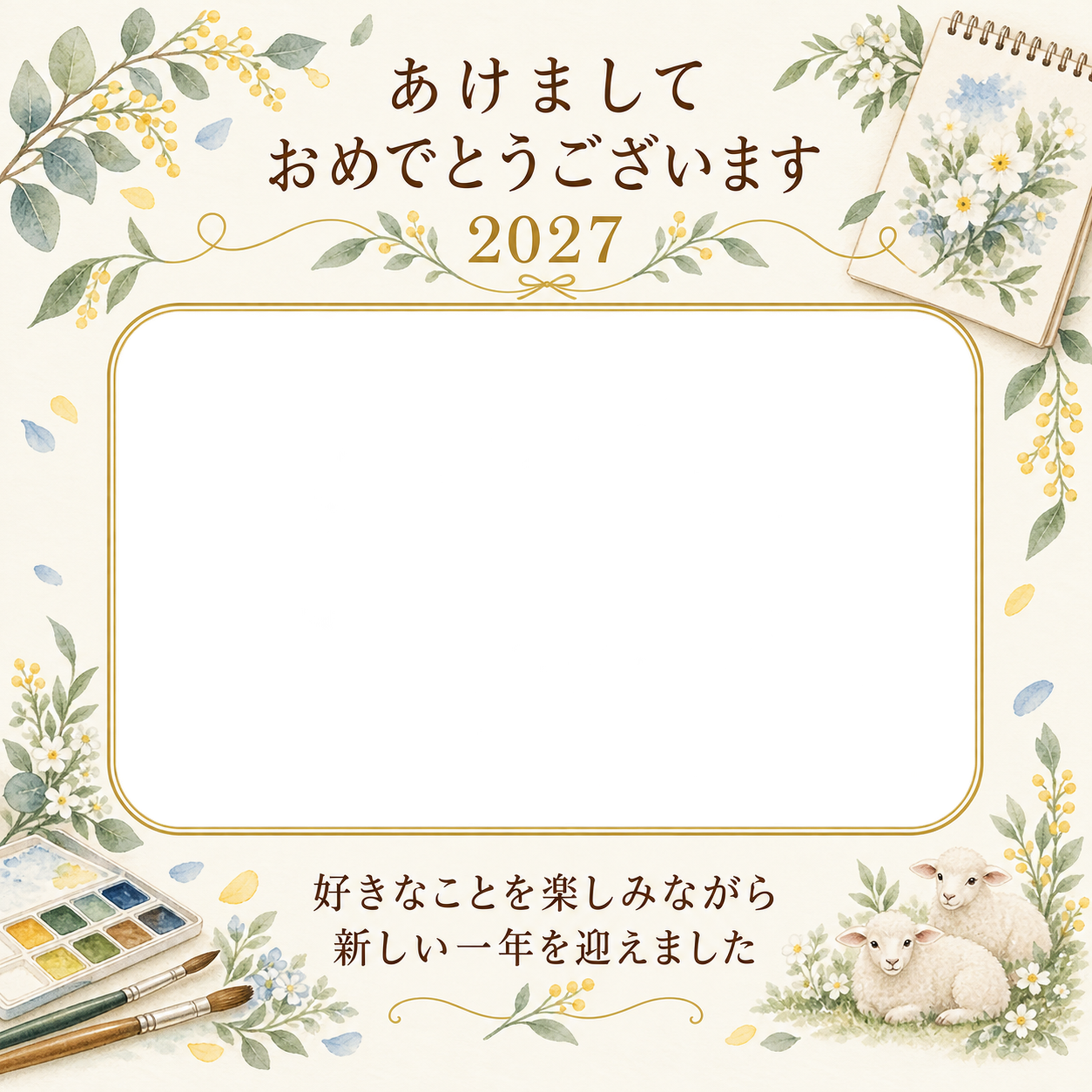 絵を描く楽しみの写真年賀状｜大人の無料イラスト素材 98938に写真・文字を入れる