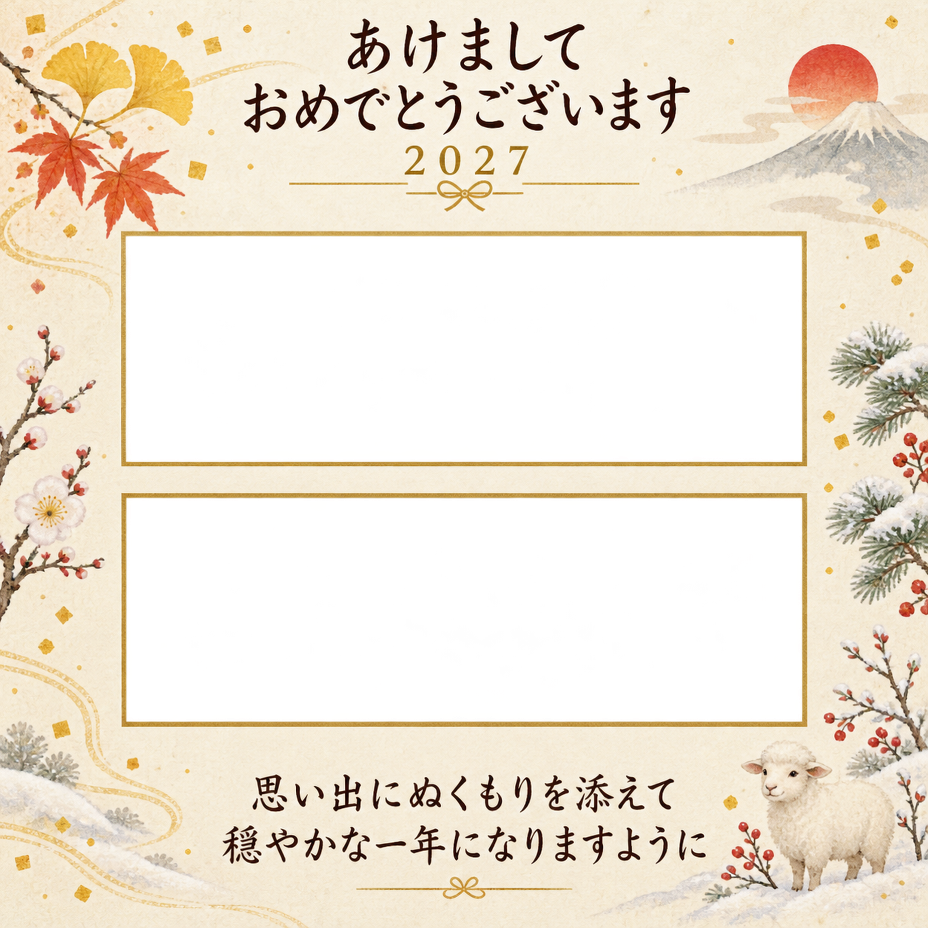 秋冬のあたたかな記憶の写真年賀状｜大人の無料イラスト素材 98948に写真・文字を入れる