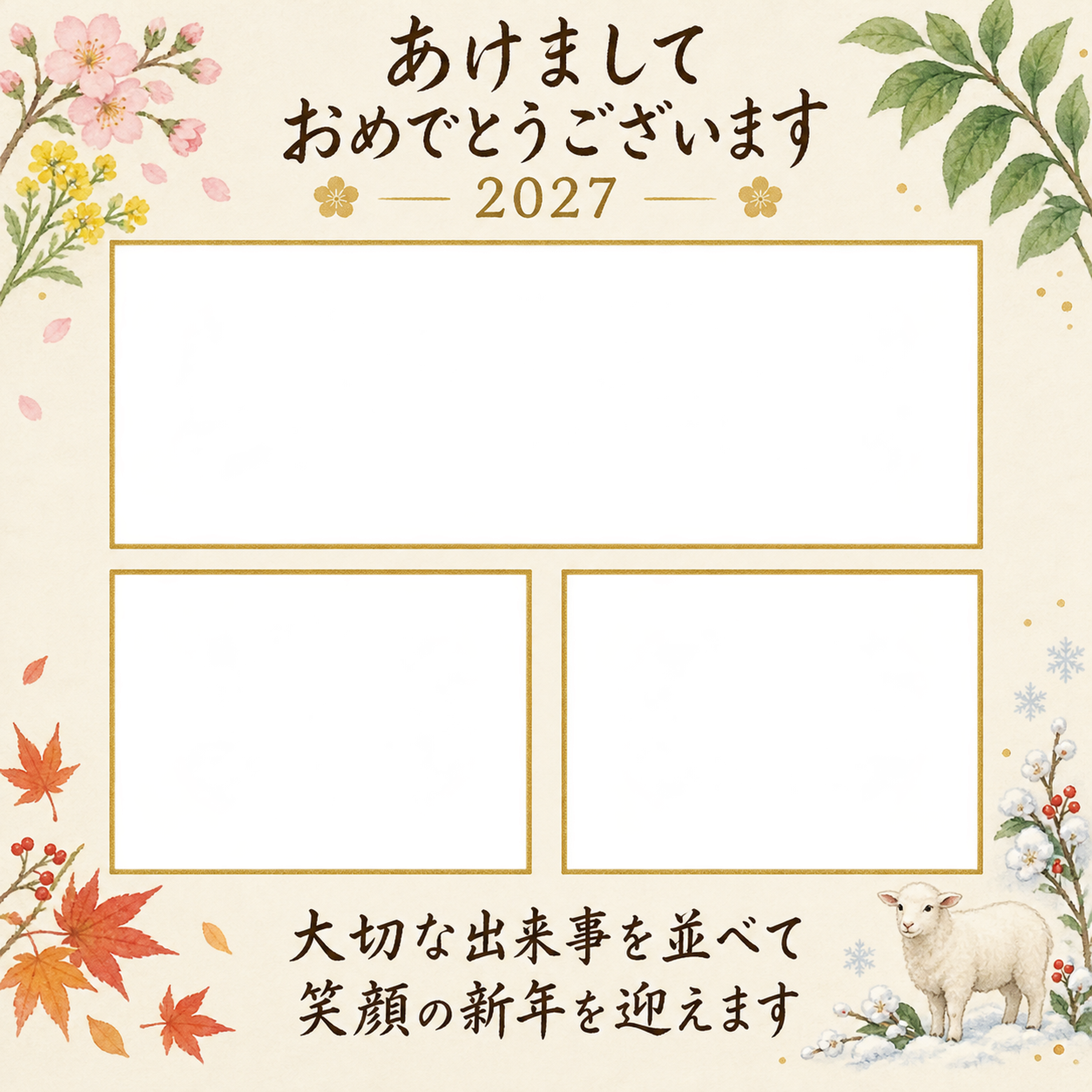 三つの季節の出来事の写真年賀状｜大人の無料イラスト素材 98949に写真・文字を入れる