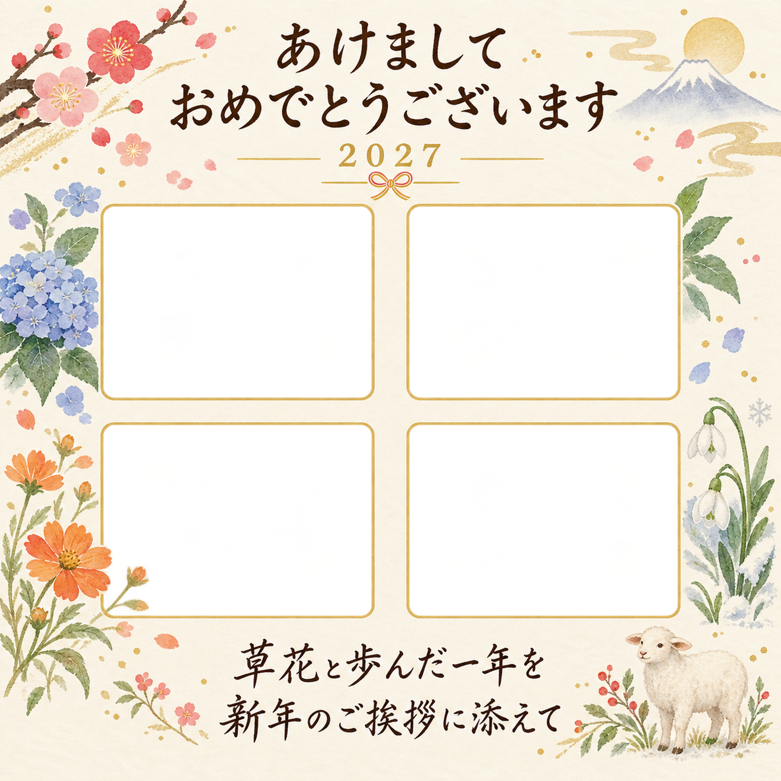 草花でつづる一年の写真年賀状｜大人の無料イラスト素材 98950に写真・文字を入れる