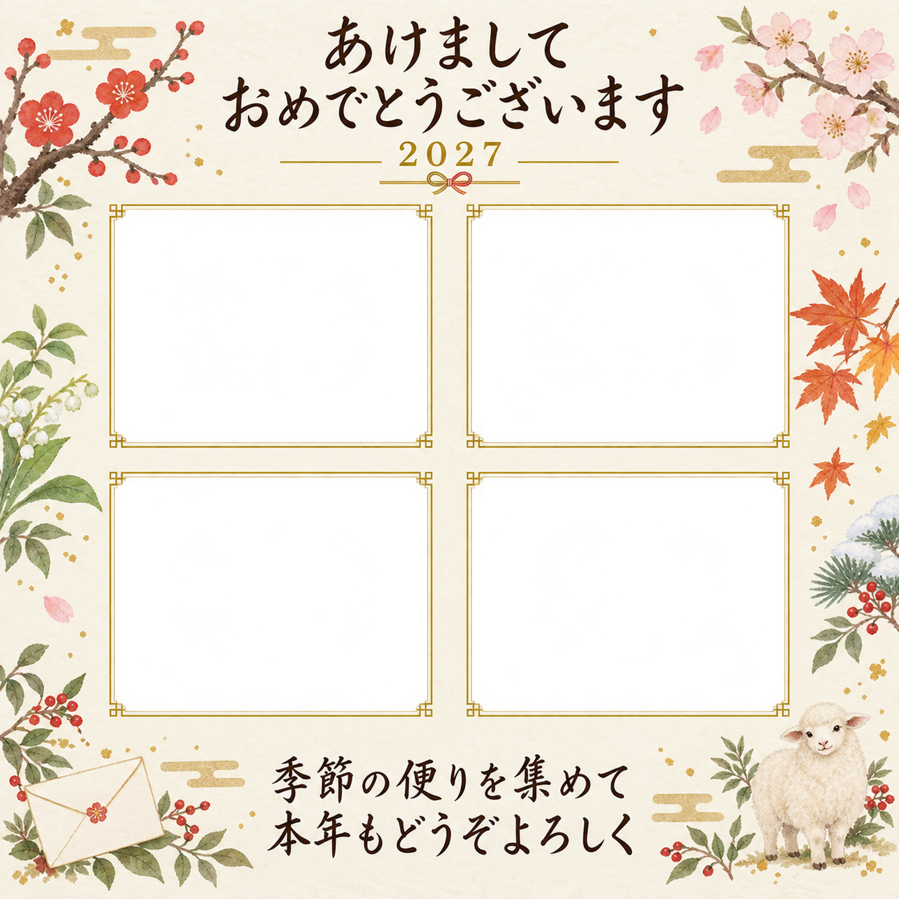 四季の絵はがきの写真年賀状｜大人の無料イラスト素材 98952に写真・文字を入れる