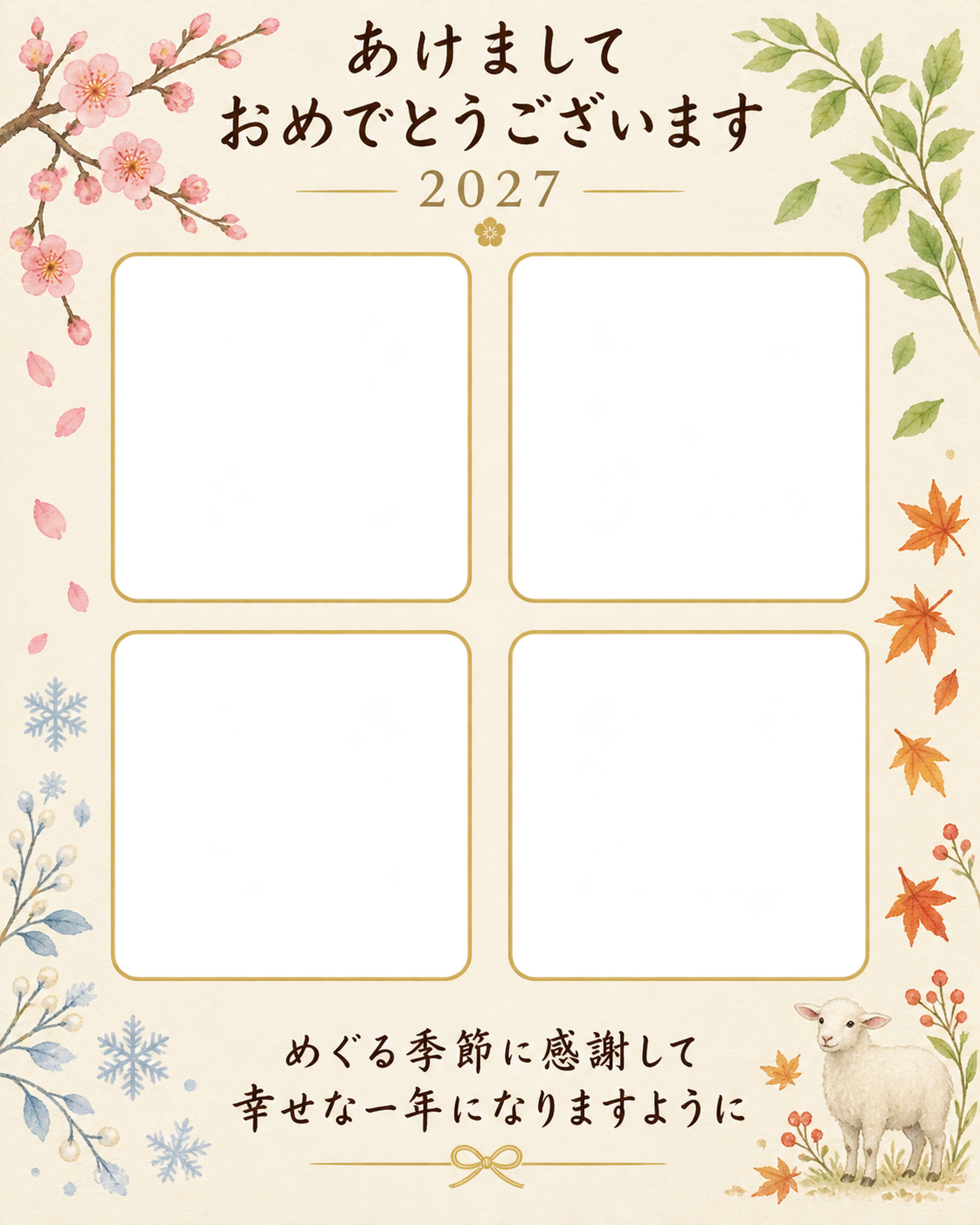 四季の思い出リースの写真年賀状｜大人の無料イラスト素材 98956に写真・文字を入れる