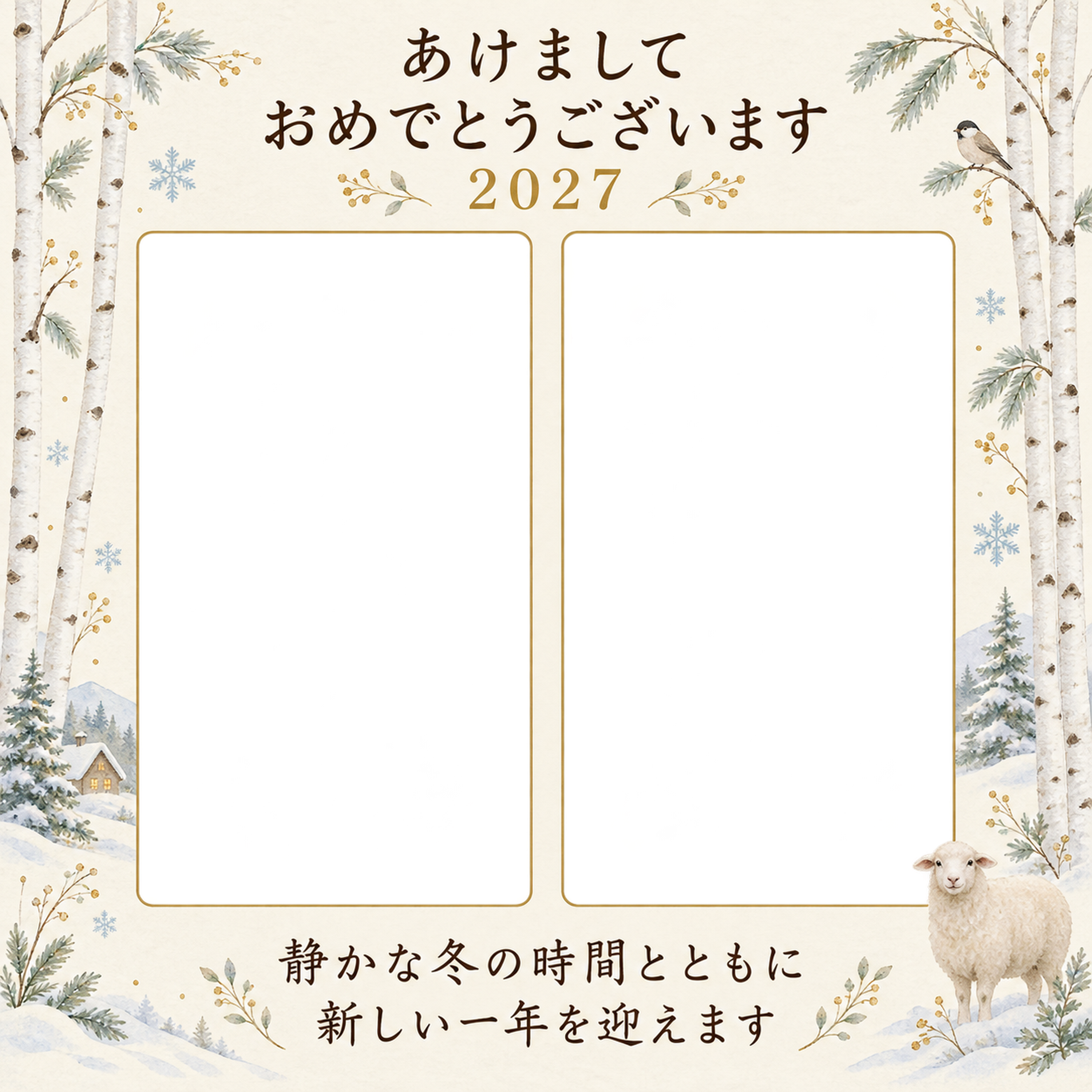 白樺の森のふたりの写真年賀状｜大人の無料イラスト素材 98959に写真・文字を入れる
