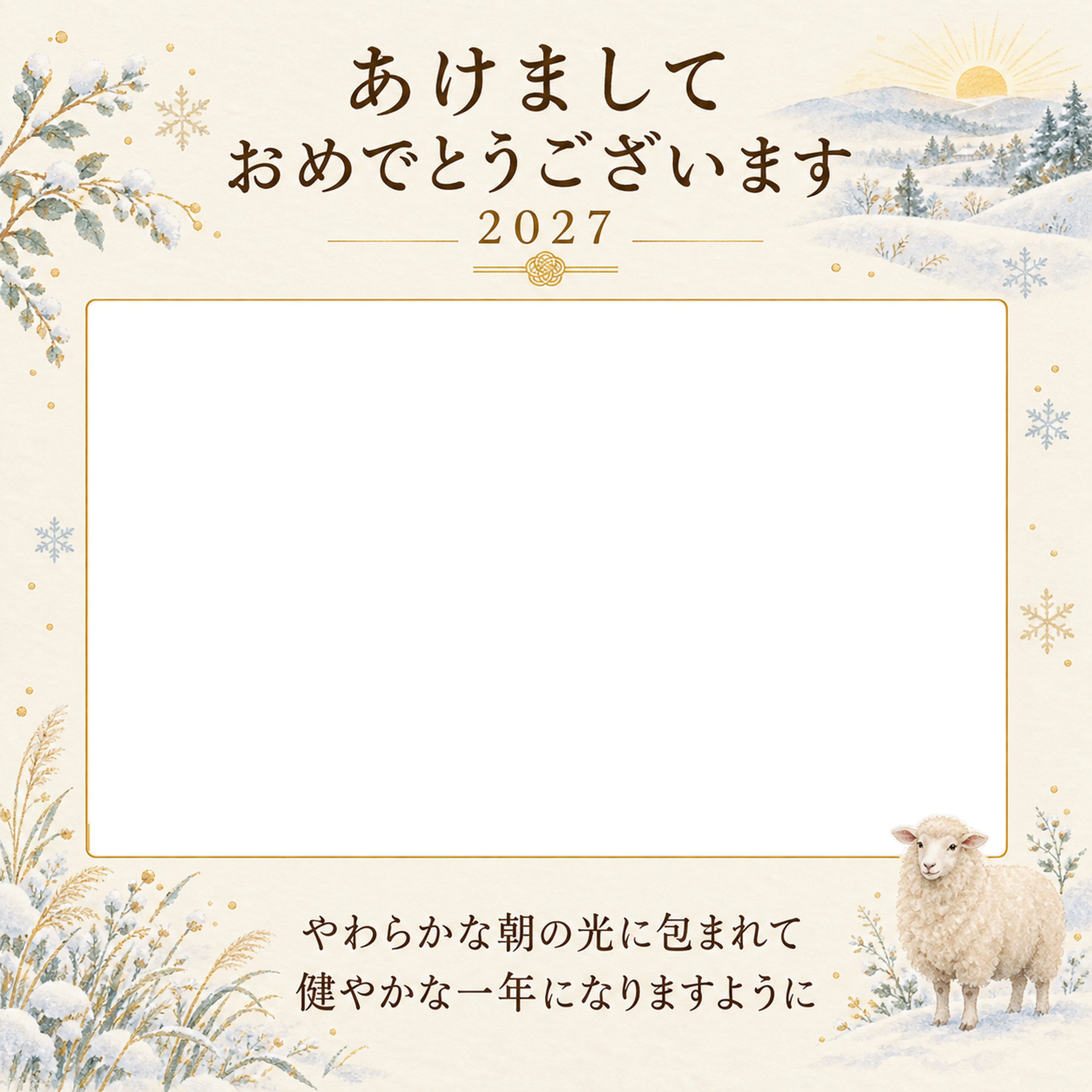 冬の朝日の便りの写真年賀状｜大人の無料イラスト素材 98960に写真・文字を入れる