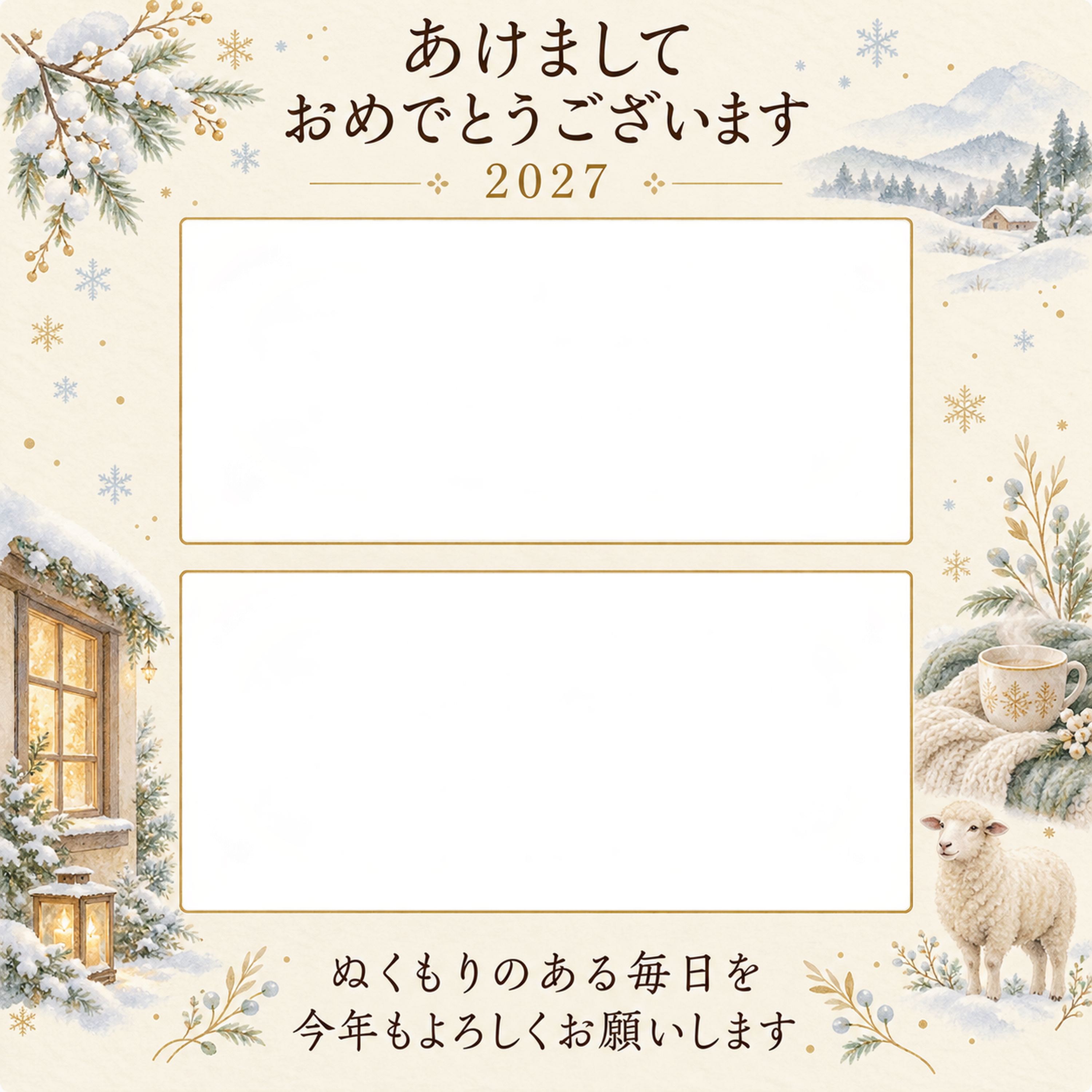 温かな窓辺の思い出の写真年賀状｜大人の無料イラスト素材 98961に写真・文字を入れる