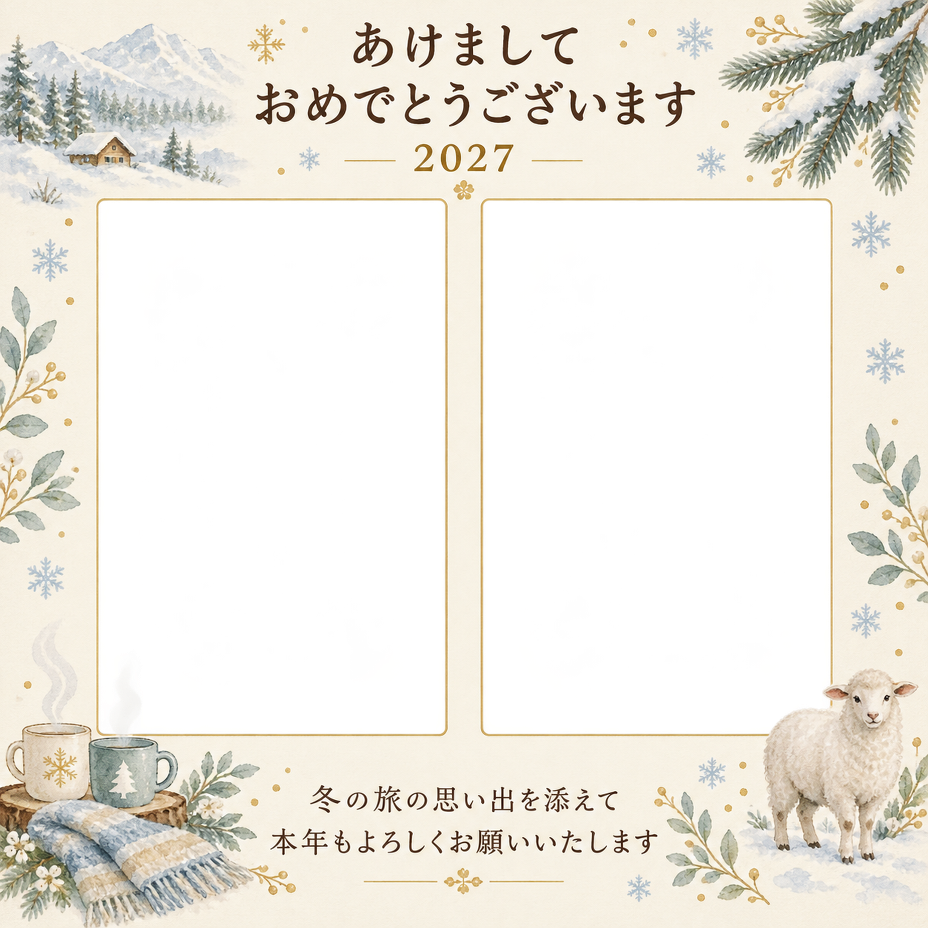 冬の旅とひと休みの写真年賀状｜大人の無料イラスト素材 98963に写真・文字を入れる