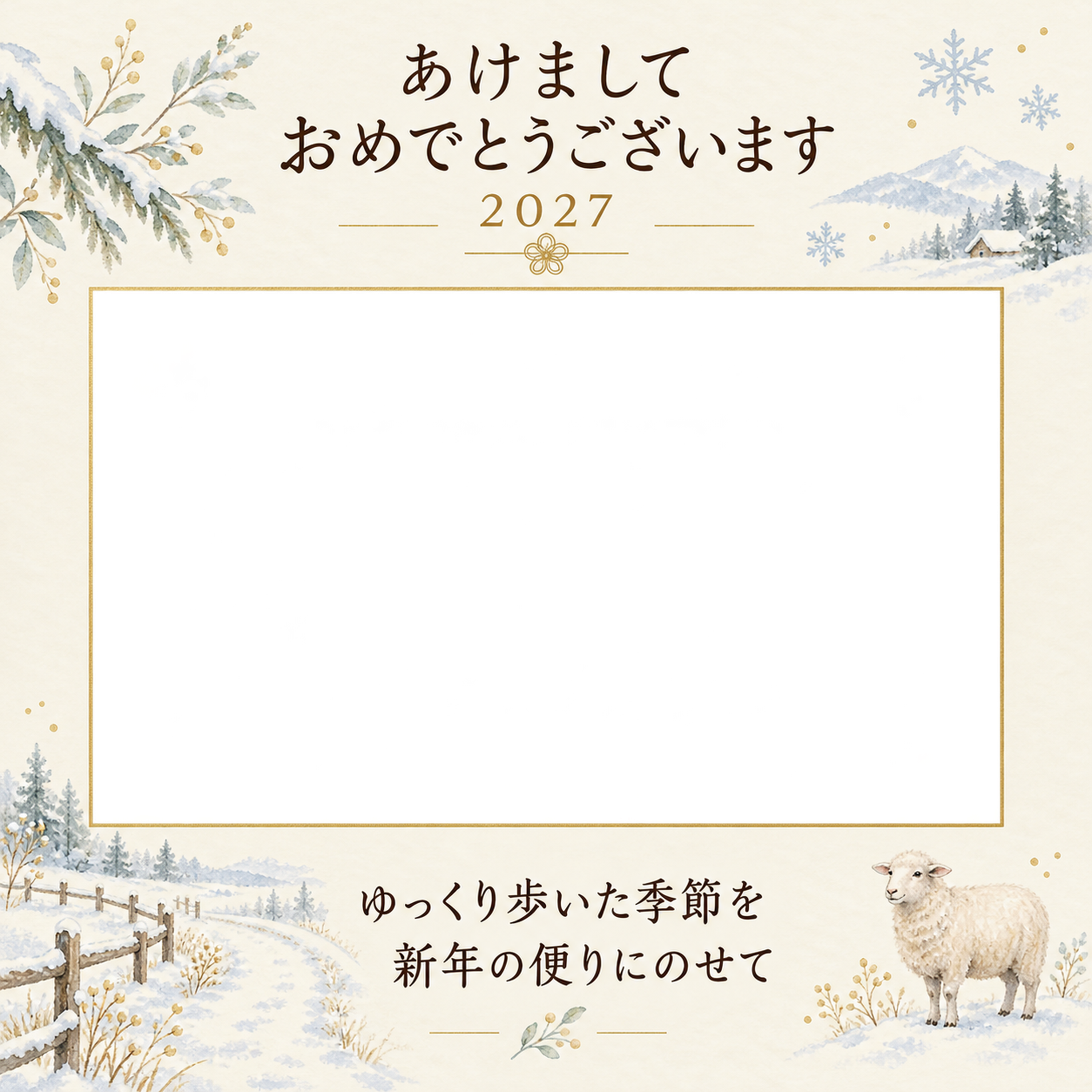 雪の小道の写真年賀状｜大人の無料イラスト素材 98964に写真・文字を入れる