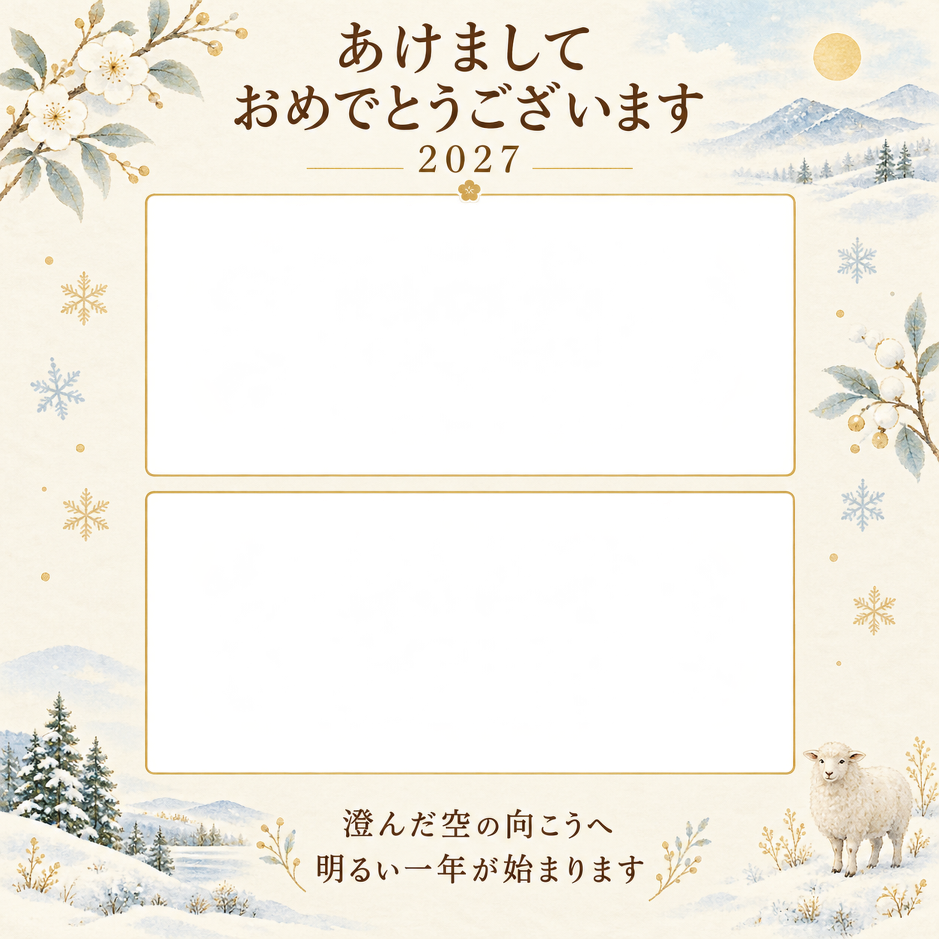 雪原と空の思い出の写真年賀状｜大人の無料イラスト素材 98965に写真・文字を入れる