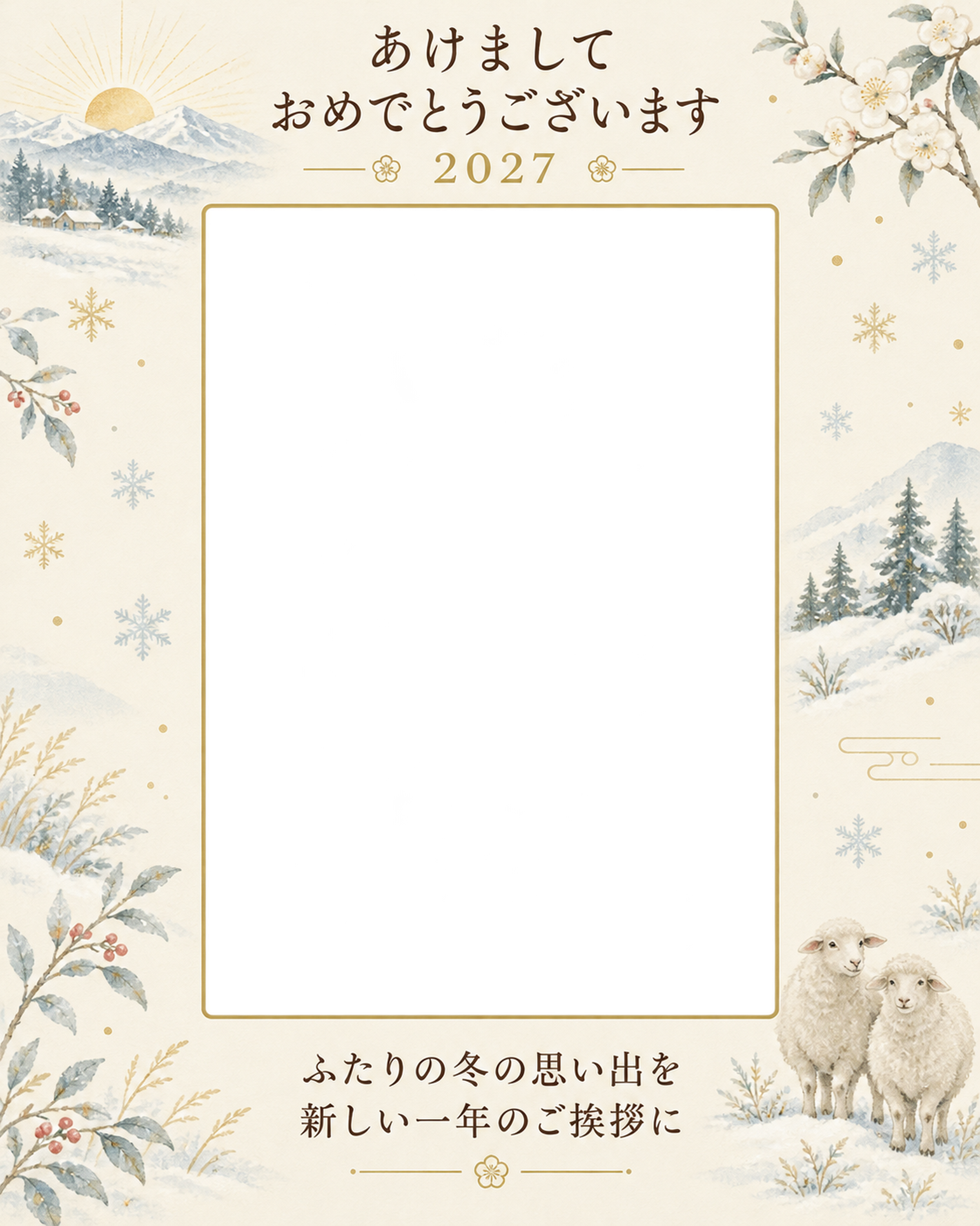 ふたりで迎える冬の朝の写真年賀状｜大人の無料イラスト素材 98966に写真・文字を入れる