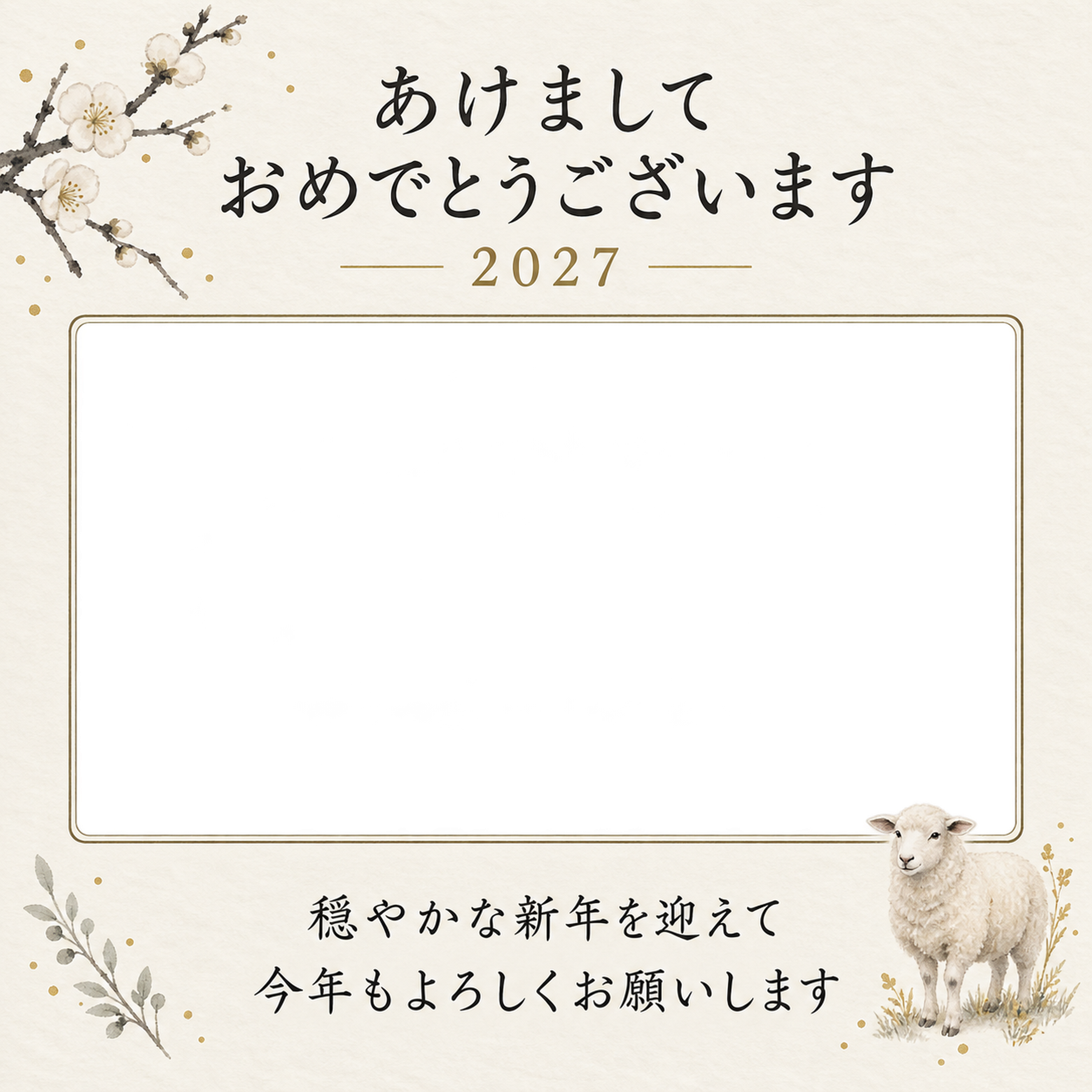 墨色の梅の写真年賀状｜大人の無料イラスト素材 98971に写真・文字を入れる