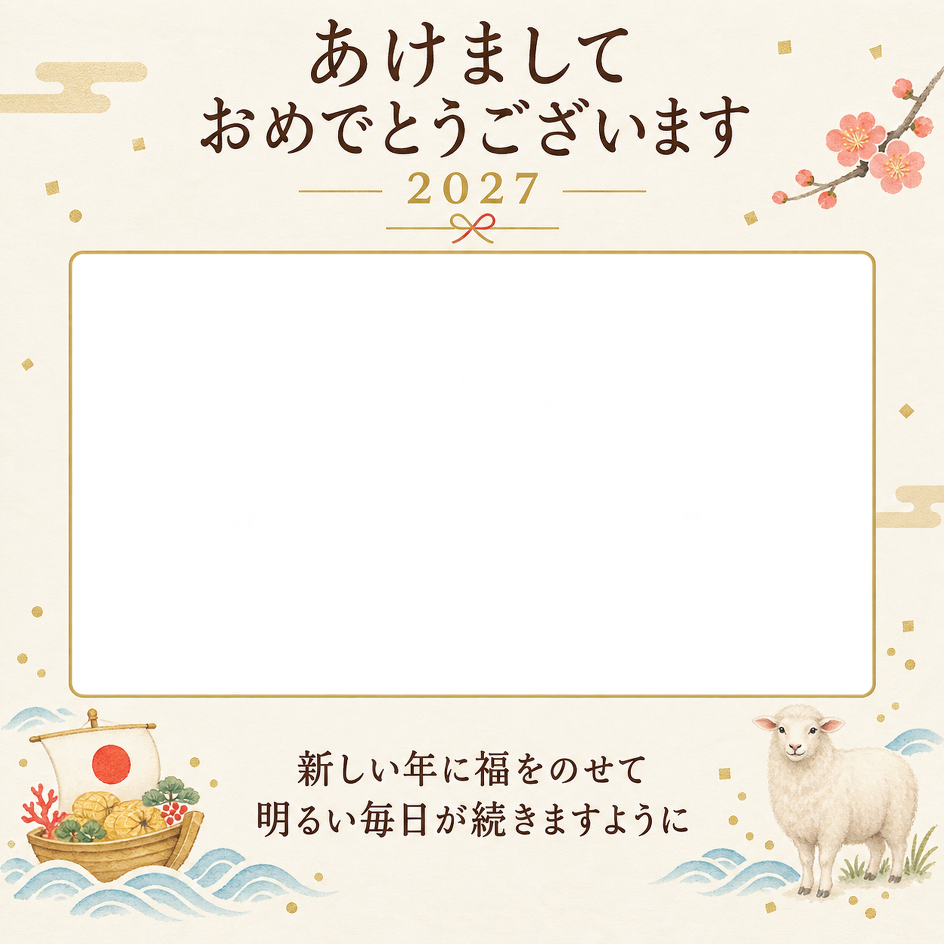 小さな宝船と新年の写真年賀状｜大人の無料イラスト素材 98986に写真・文字を入れる