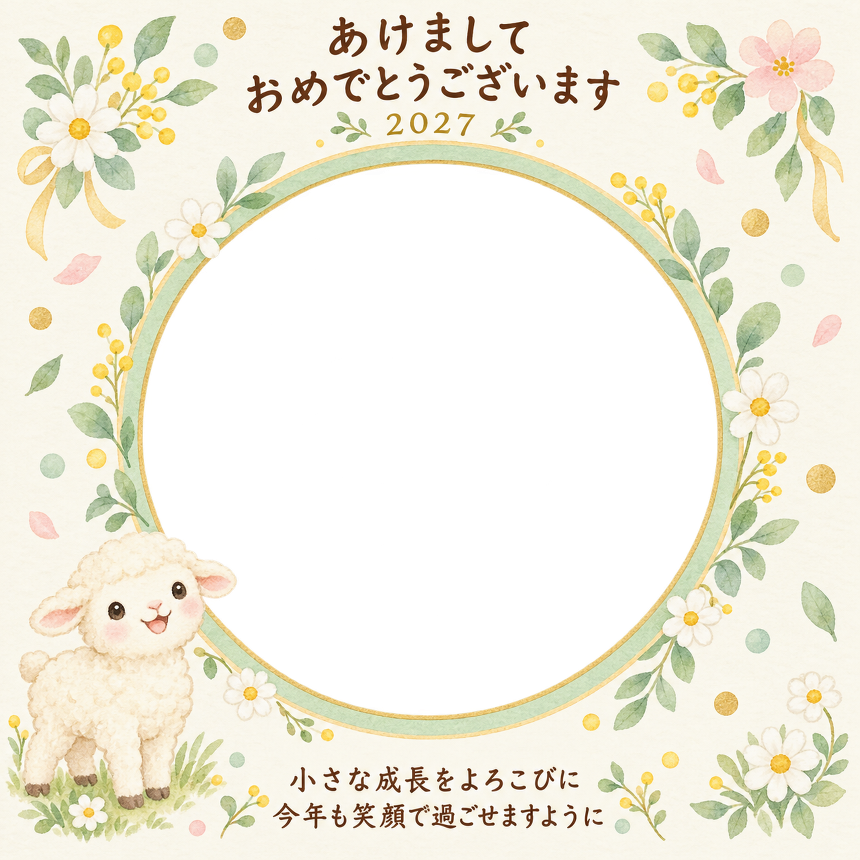 花の輪とやさしい笑顔の写真年賀状｜赤ちゃんと羊の無料イラスト素材 99026に写真・文字を入れる