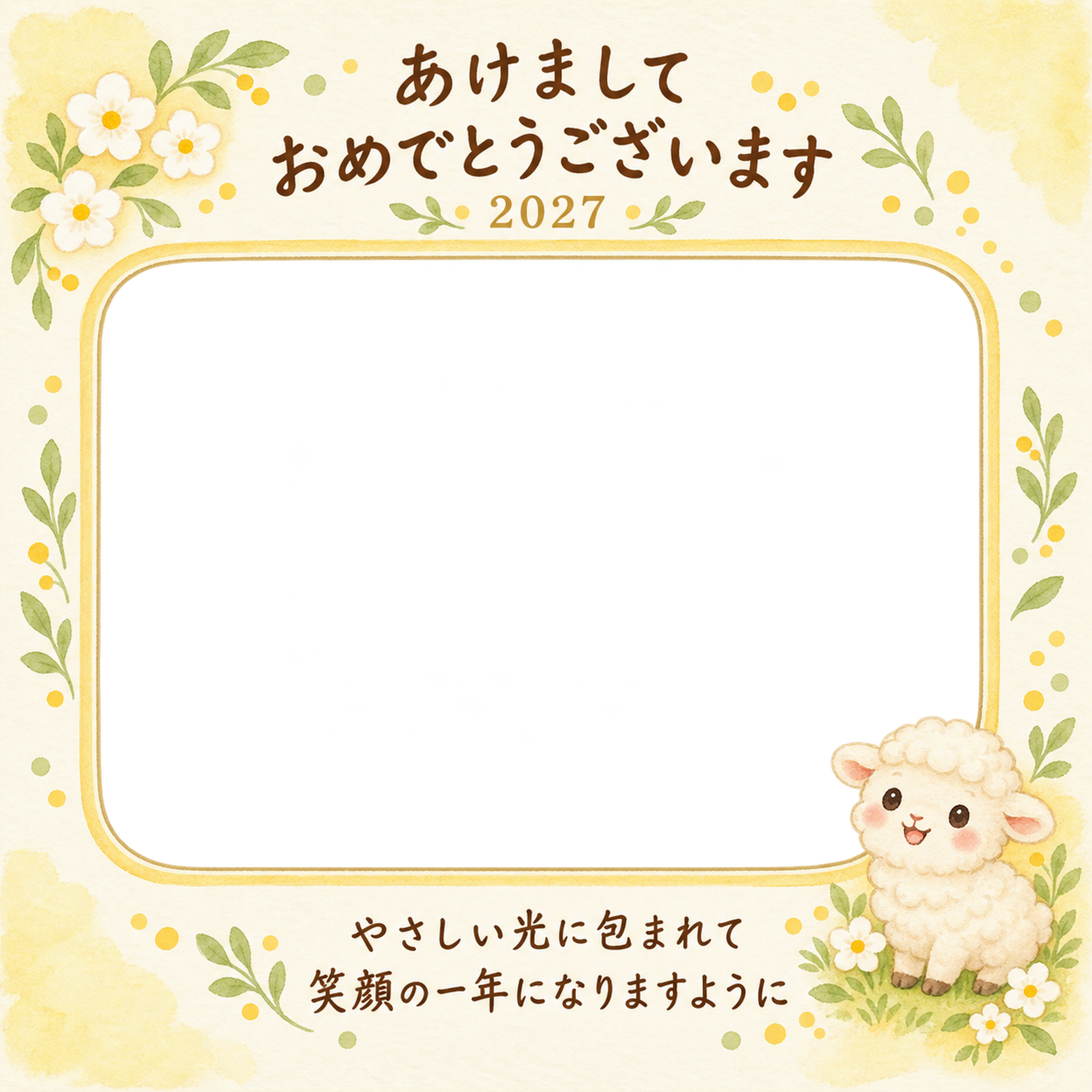 ひだまりの笑顔の写真年賀状｜赤ちゃんと羊の無料イラスト素材 99029に写真・文字を入れる