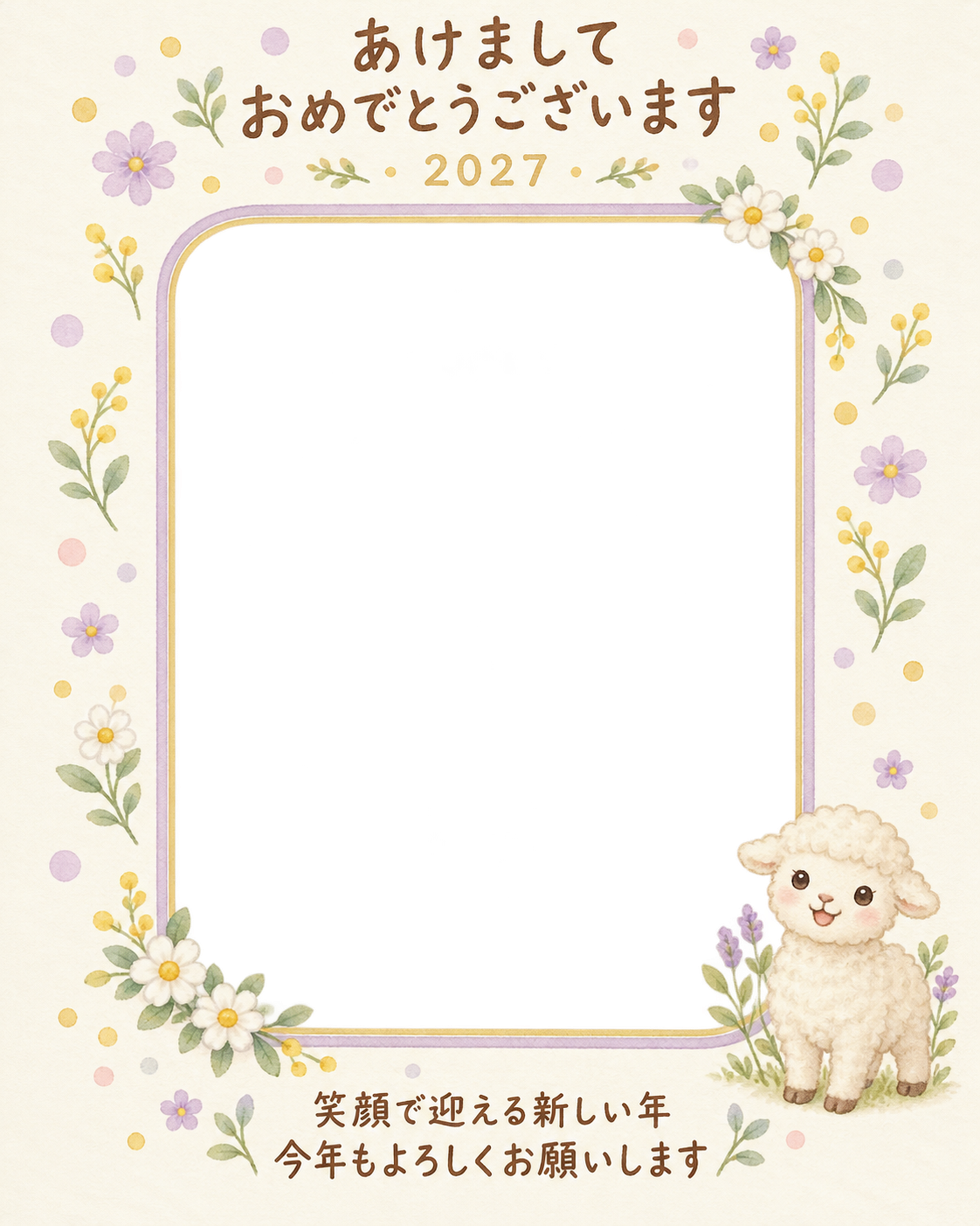 花と光のごあいさつの写真年賀状｜赤ちゃんと羊の無料イラスト素材 99033に写真・文字を入れる
