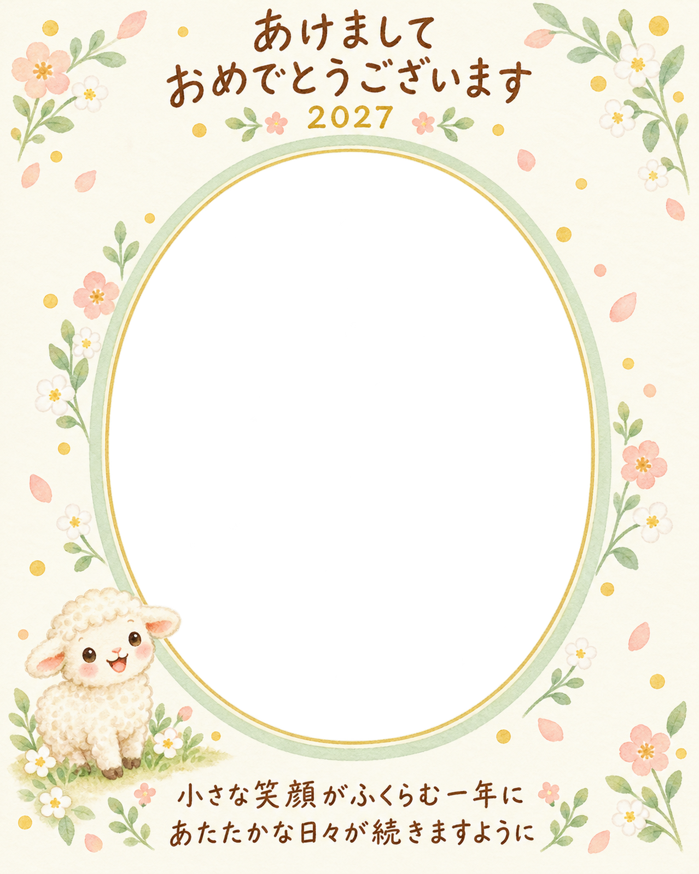 草花に包まれた笑顔の写真年賀状｜赤ちゃんと羊の無料イラスト素材 99034に写真・文字を入れる