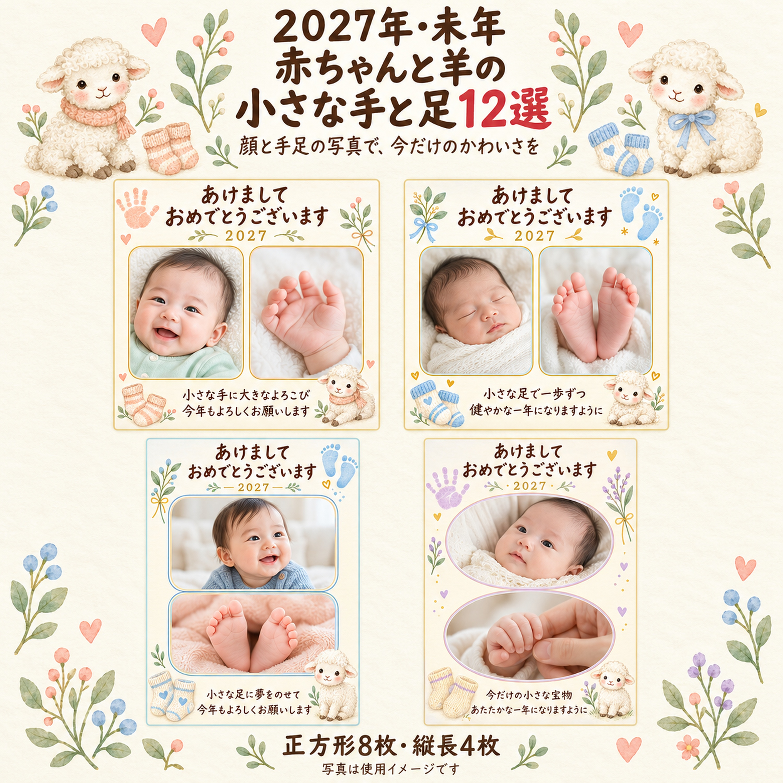 赤ちゃんと羊の小さな手と足12選｜無料写真年賀状イラスト素材 99035に写真・文字を入れる