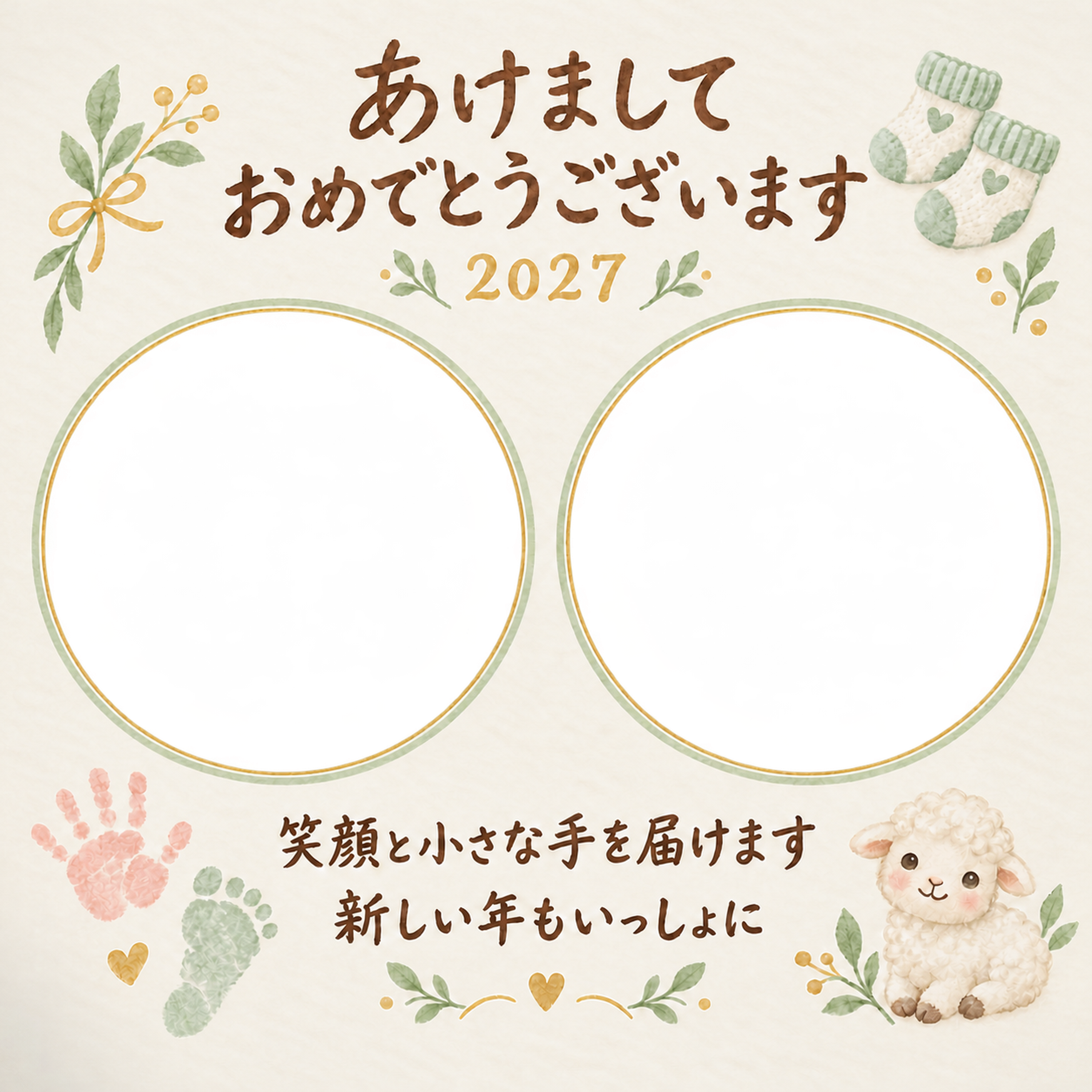 まあるい窓の手と笑顔の写真年賀状｜赤ちゃんと羊の無料イラスト素材 99038に写真・文字を入れる