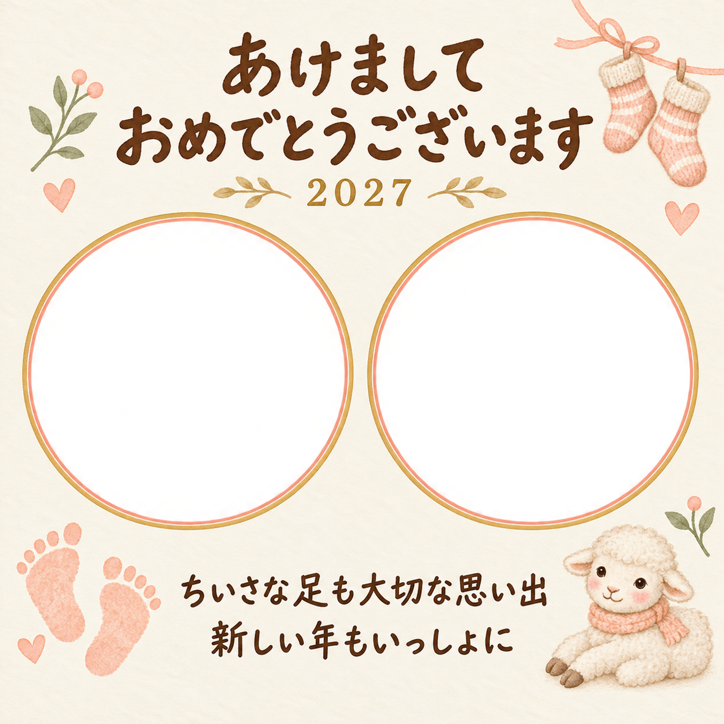 ちいさな靴下と新年の写真年賀状｜赤ちゃんと羊の無料イラスト素材 99043に写真・文字を入れる