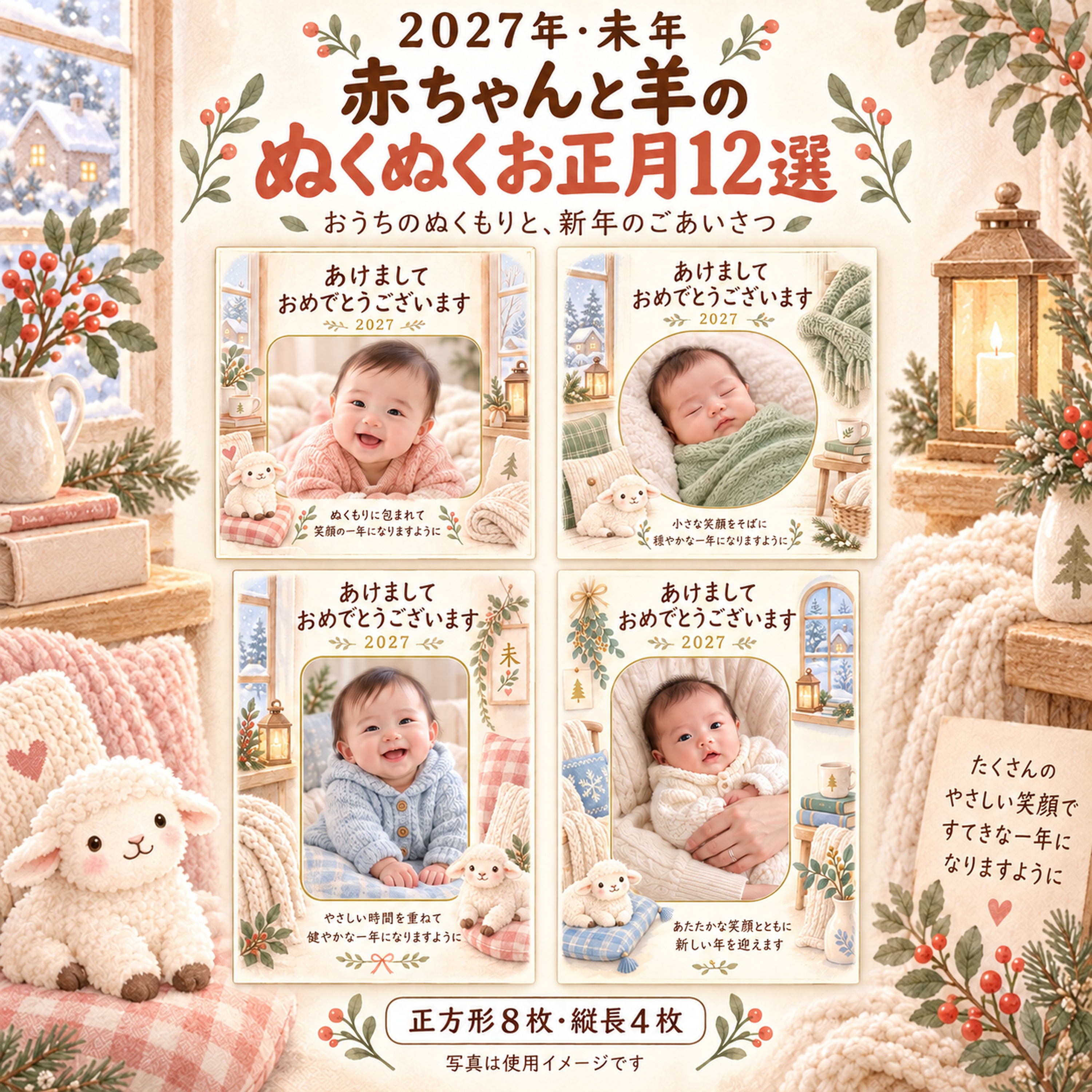 赤ちゃんと羊のぬくぬくお正月12選｜無料写真年賀状イラスト素材 99048に写真・文字を入れる