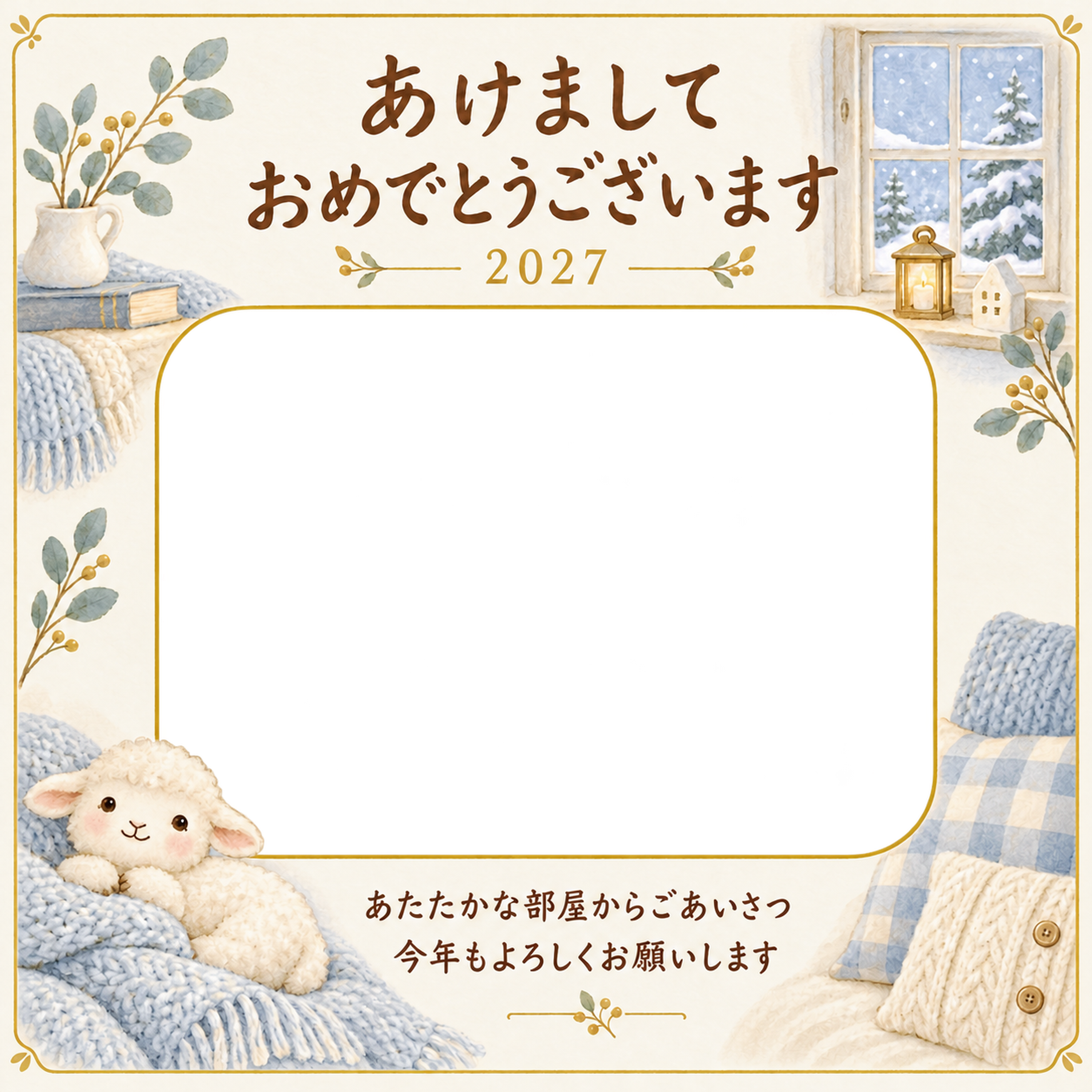 冬の窓辺で新年の写真年賀状｜赤ちゃんと羊の無料イラスト素材 99050に写真・文字を入れる