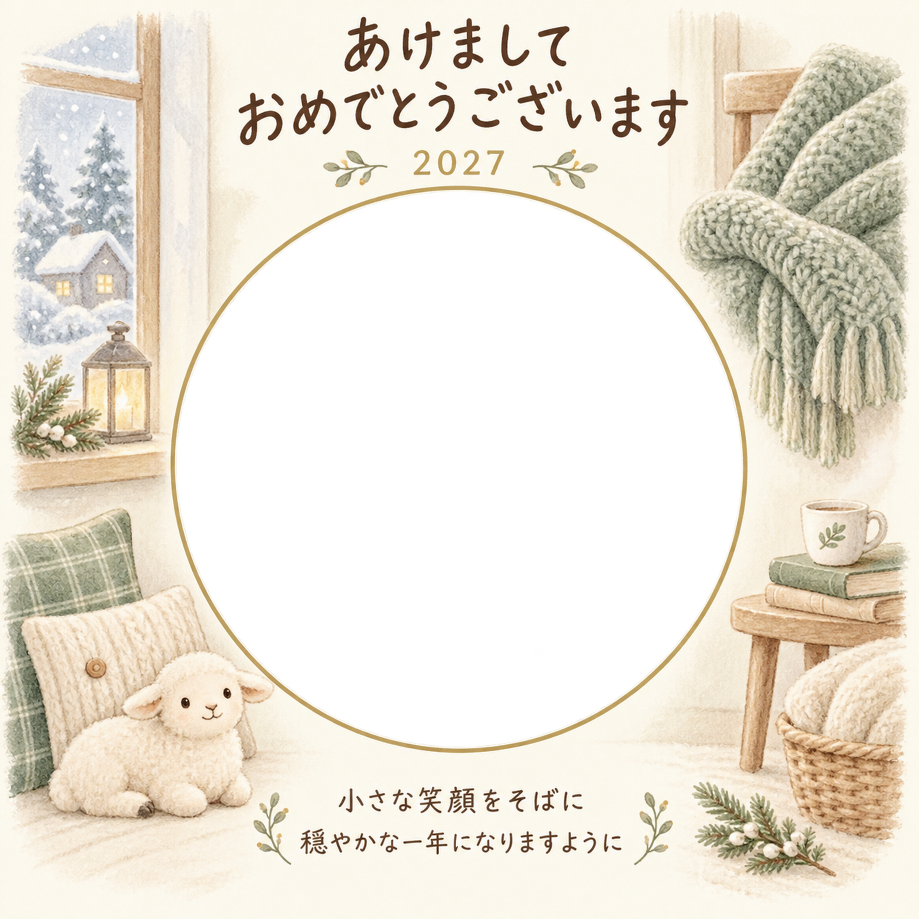 ふわふわクッションと羊の写真年賀状｜赤ちゃんと羊の無料イラスト素材 99051に写真・文字を入れる