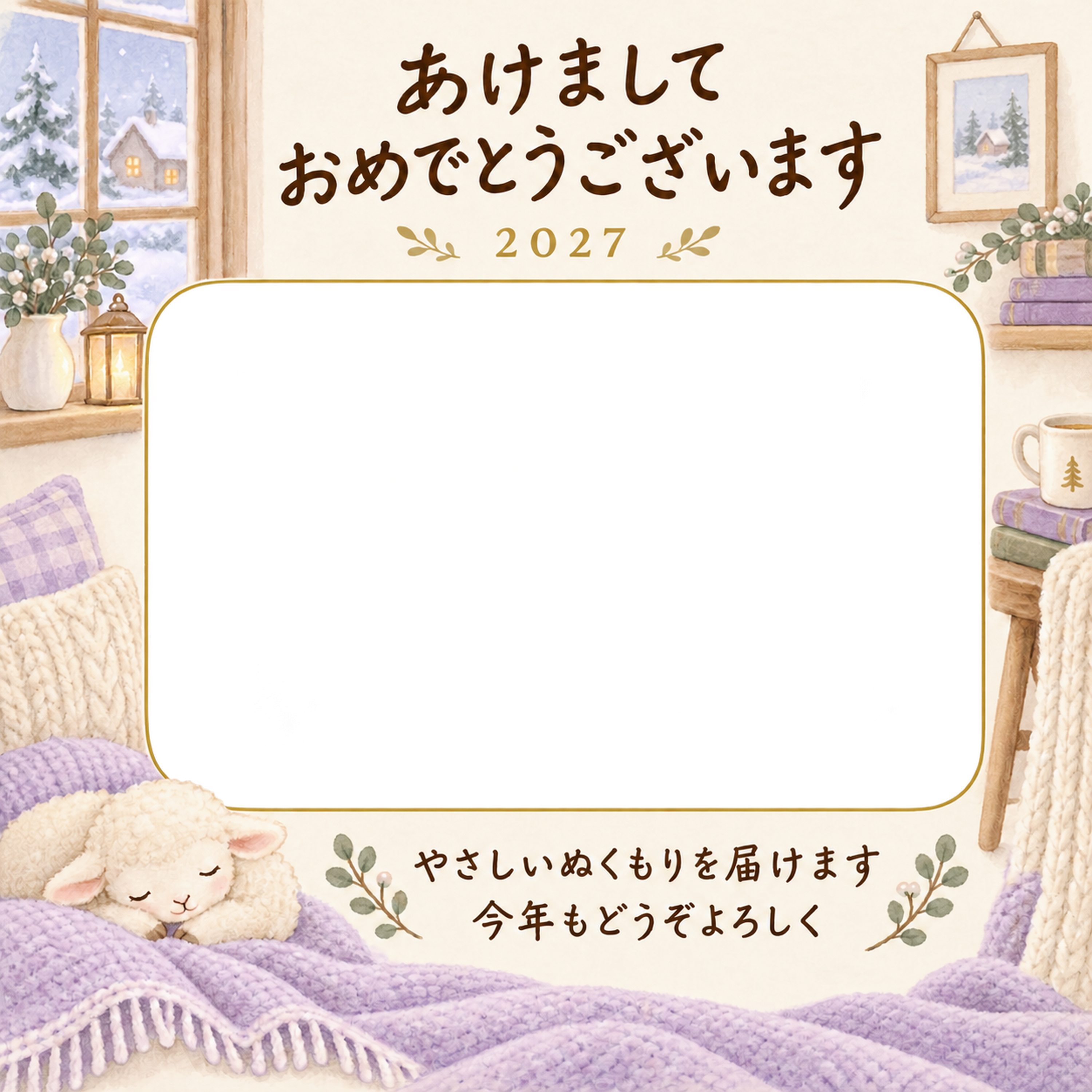 毛布に包まれる新年の写真年賀状｜赤ちゃんと羊の無料イラスト素材 99052に写真・文字を入れる