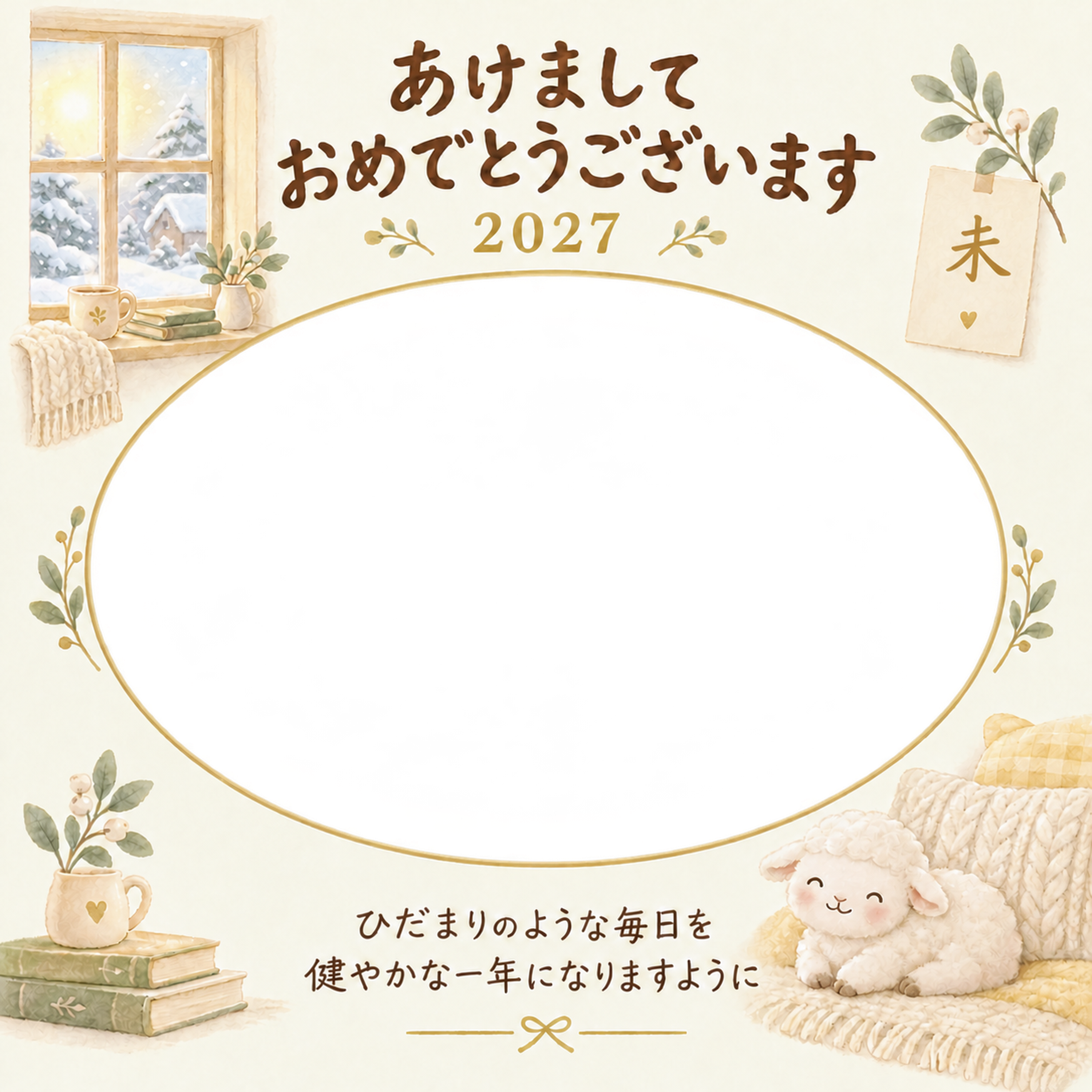ひだまりのお部屋の写真年賀状｜赤ちゃんと羊の無料イラスト素材 99053に写真・文字を入れる