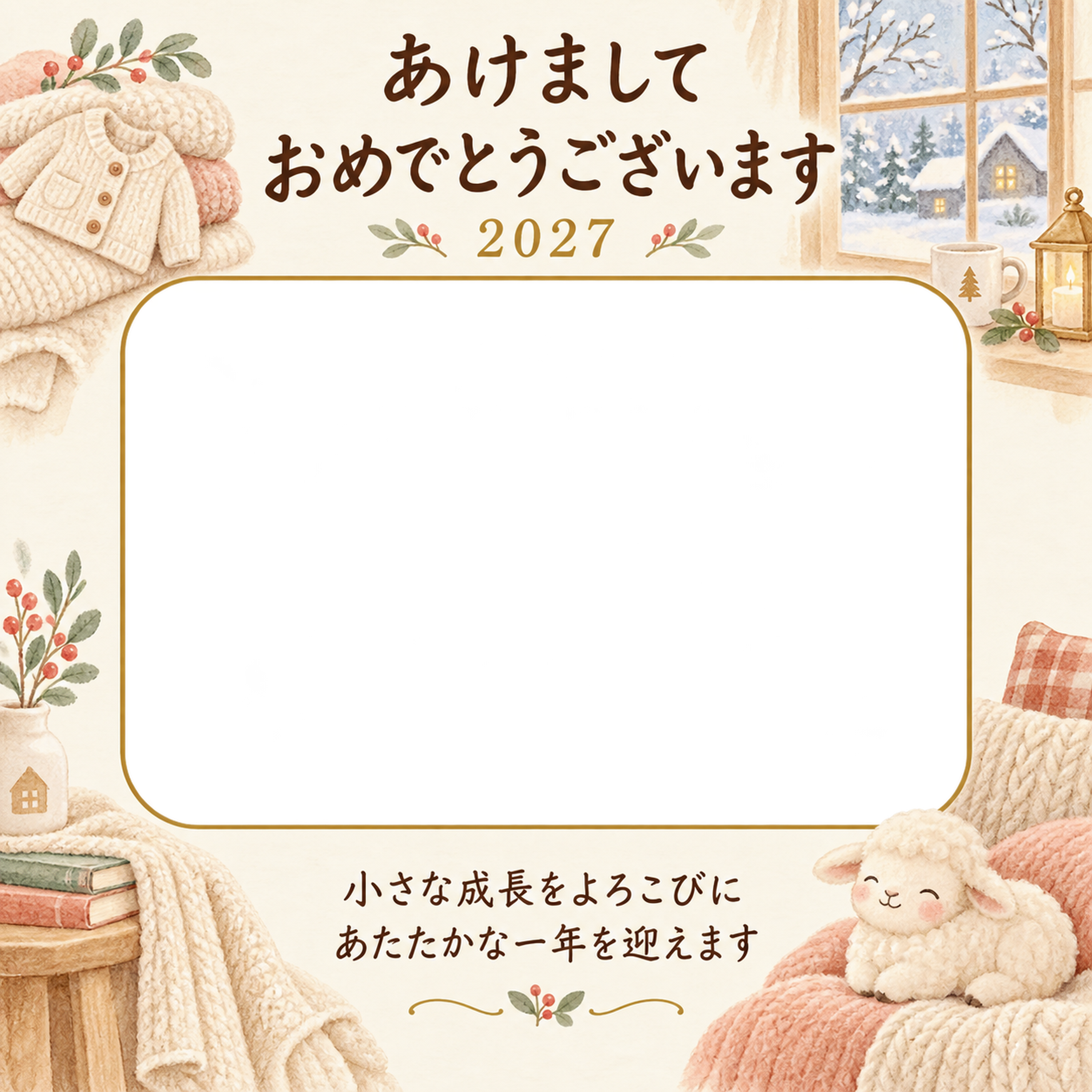 小さなニットの贈り物の写真年賀状｜赤ちゃんと羊の無料イラスト素材 99054に写真・文字を入れる