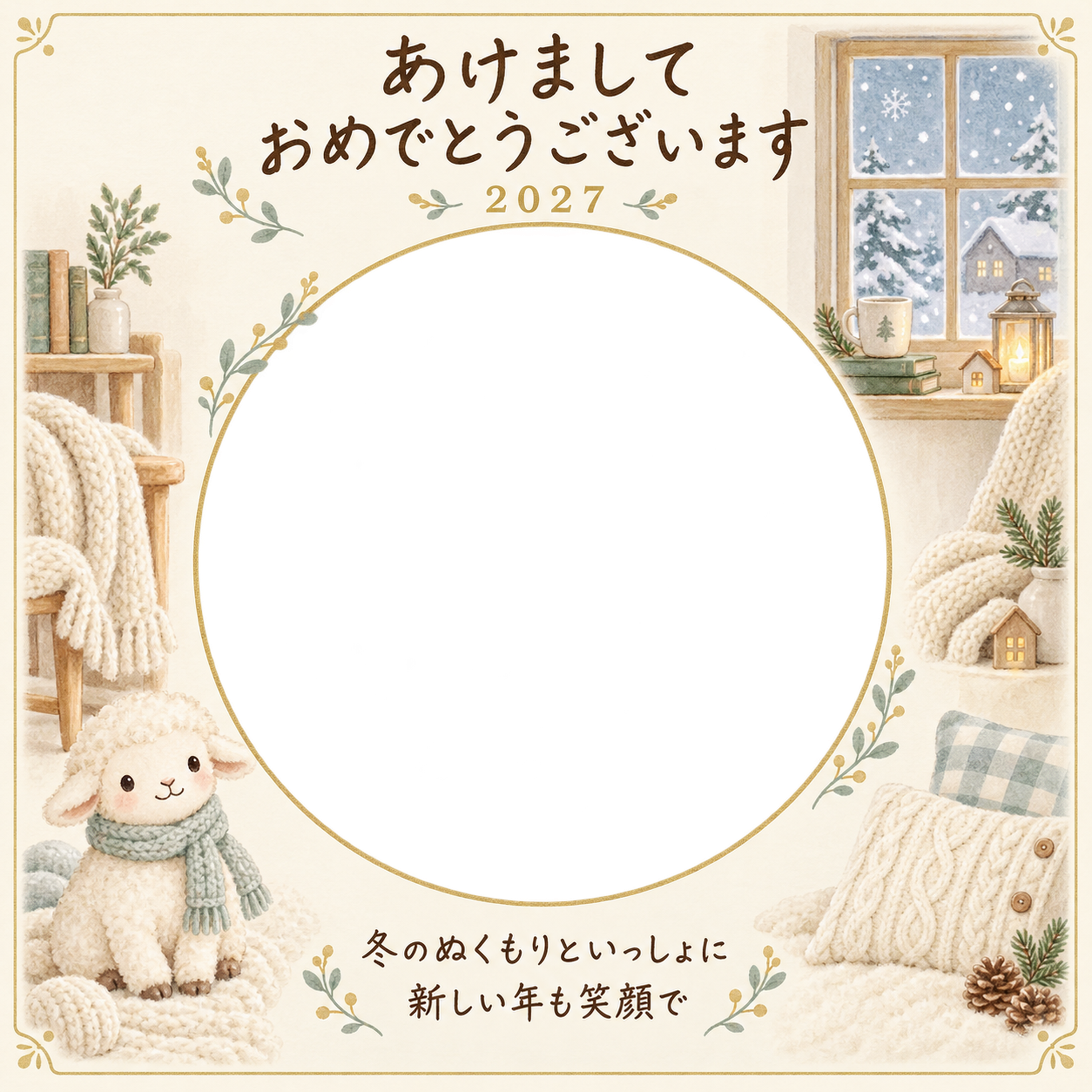 冬の窓とぬくぬく羊の写真年賀状｜赤ちゃんと羊の無料イラスト素材 99055に写真・文字を入れる