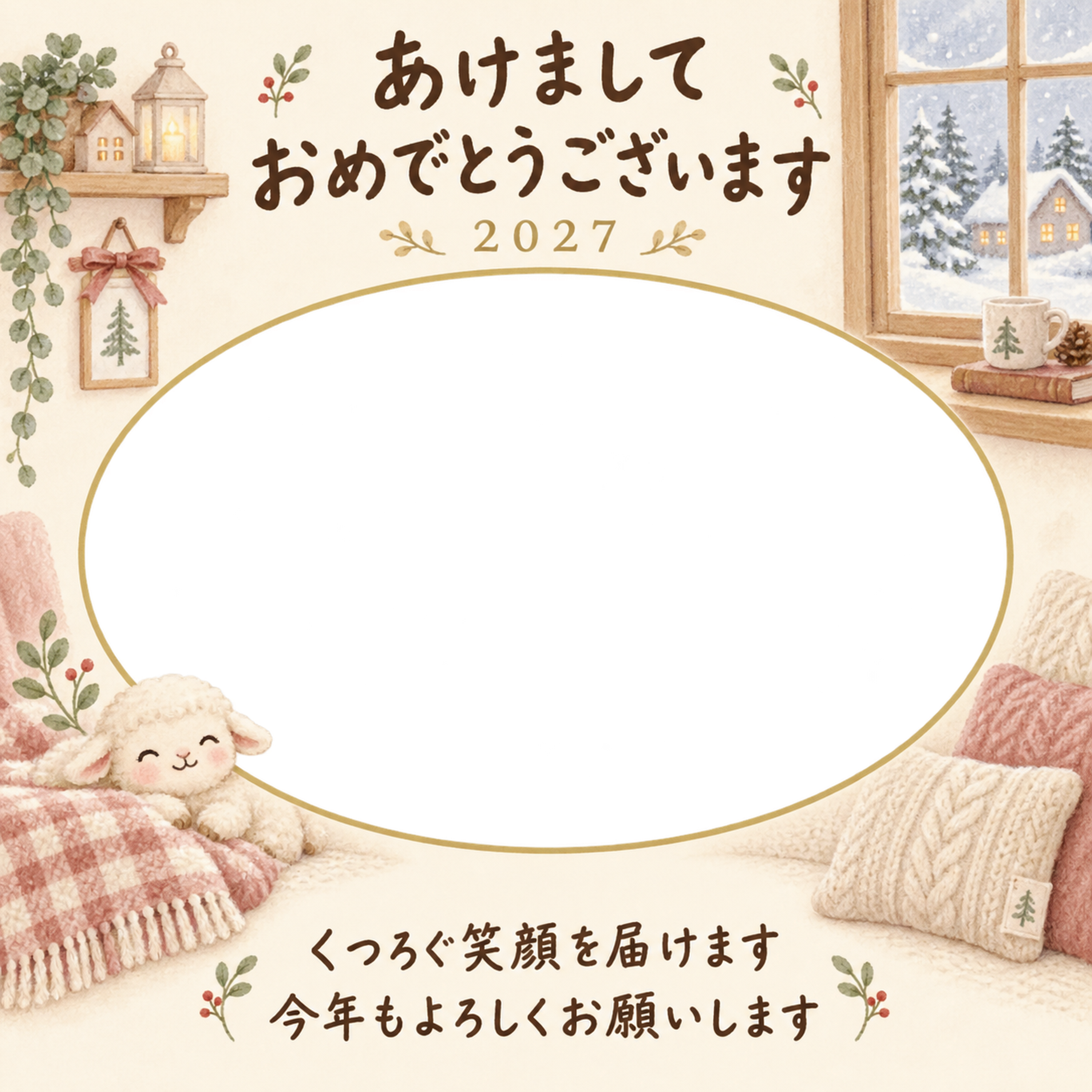 チェックの毛布でごあいさつの写真年賀状｜赤ちゃんと羊の無料イラスト素材 99056に写真・文字を入れる