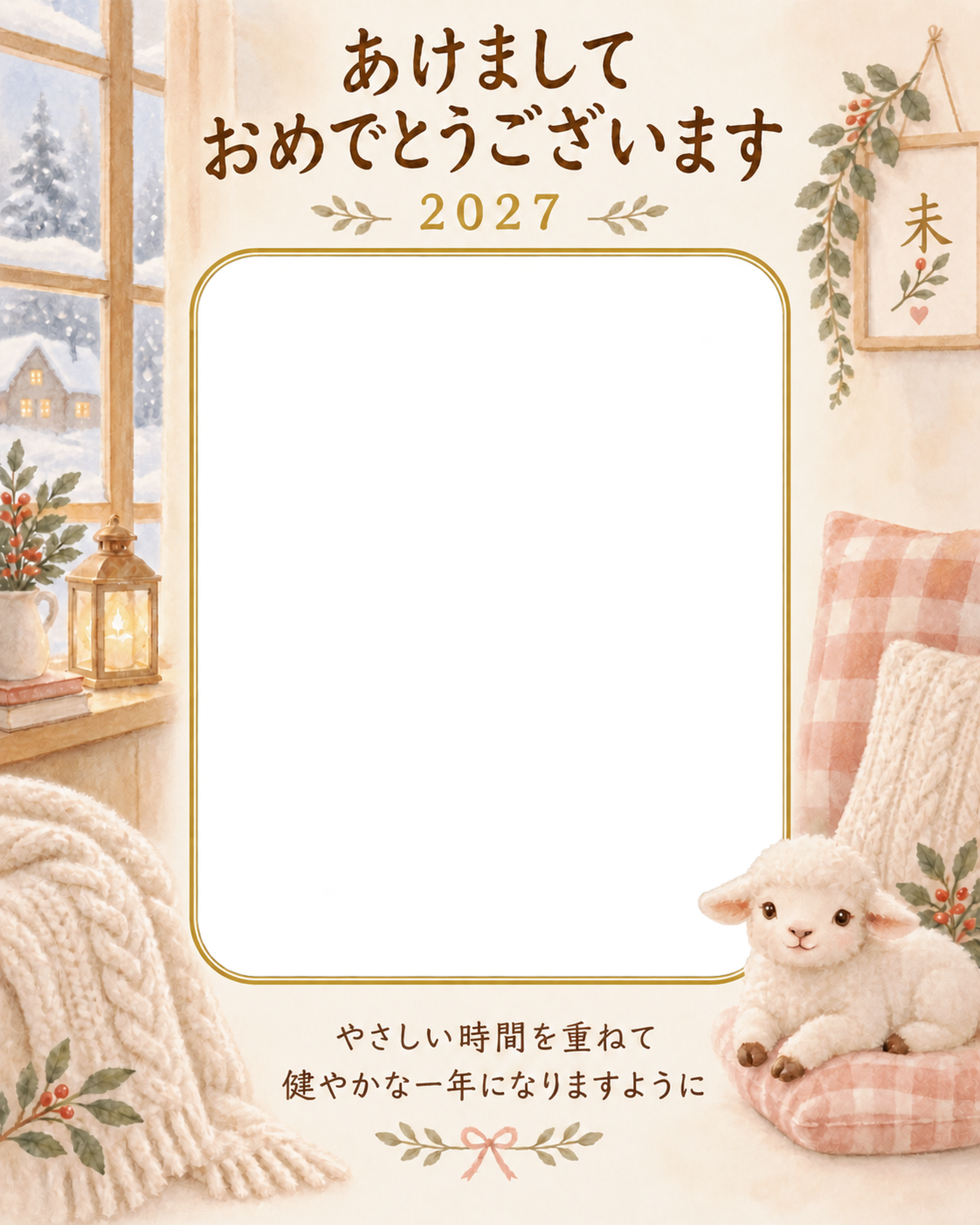 縦長のニットと笑顔の写真年賀状｜赤ちゃんと羊の無料イラスト素材 99057に写真・文字を入れる