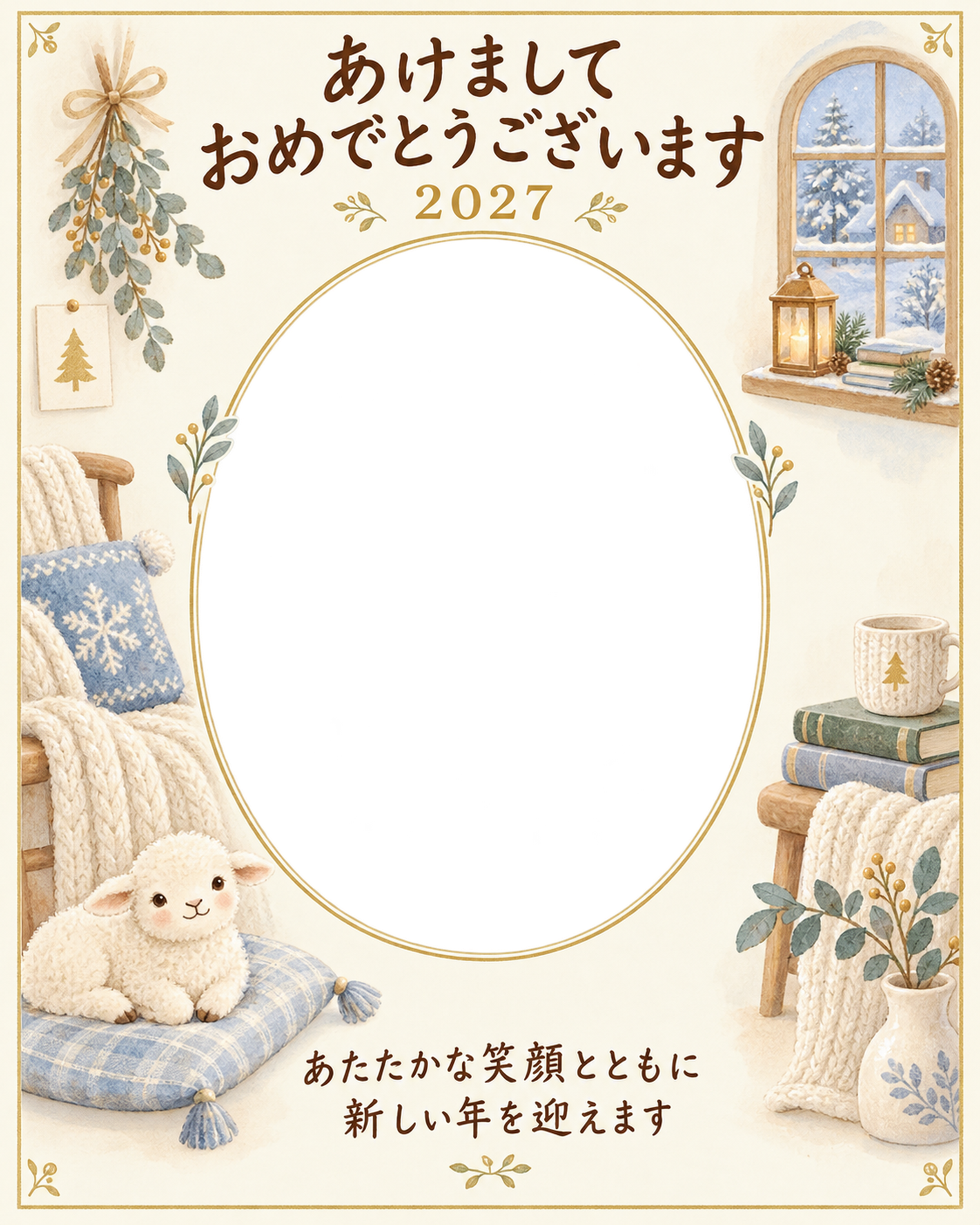 縦長の冬の窓辺の写真年賀状｜赤ちゃんと羊の無料イラスト素材 99058に写真・文字を入れる