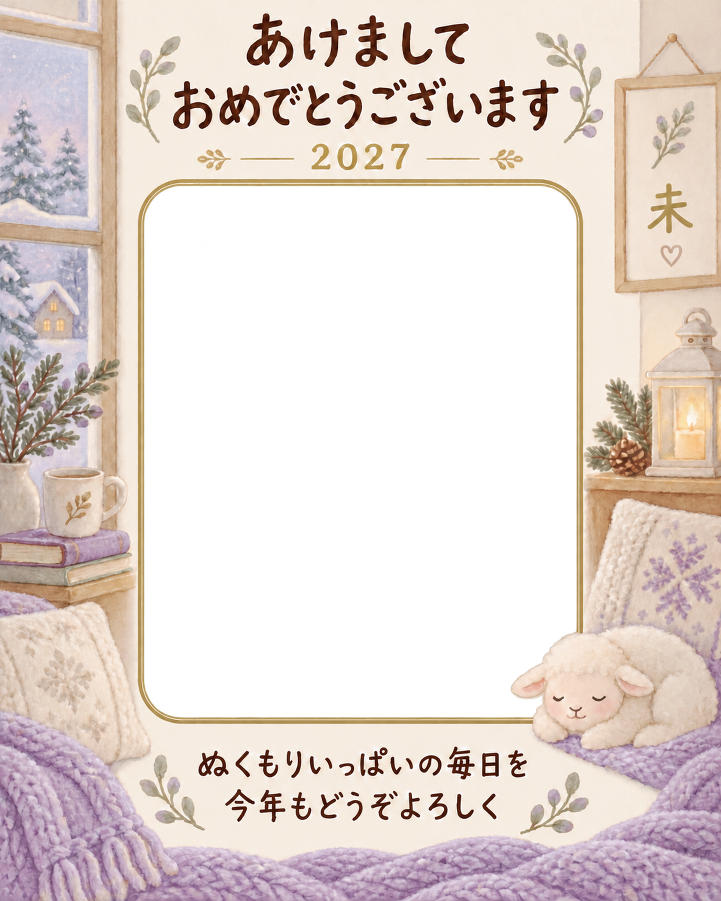 縦長の毛布と羊の写真年賀状｜赤ちゃんと羊の無料イラスト素材 99059に写真・文字を入れる