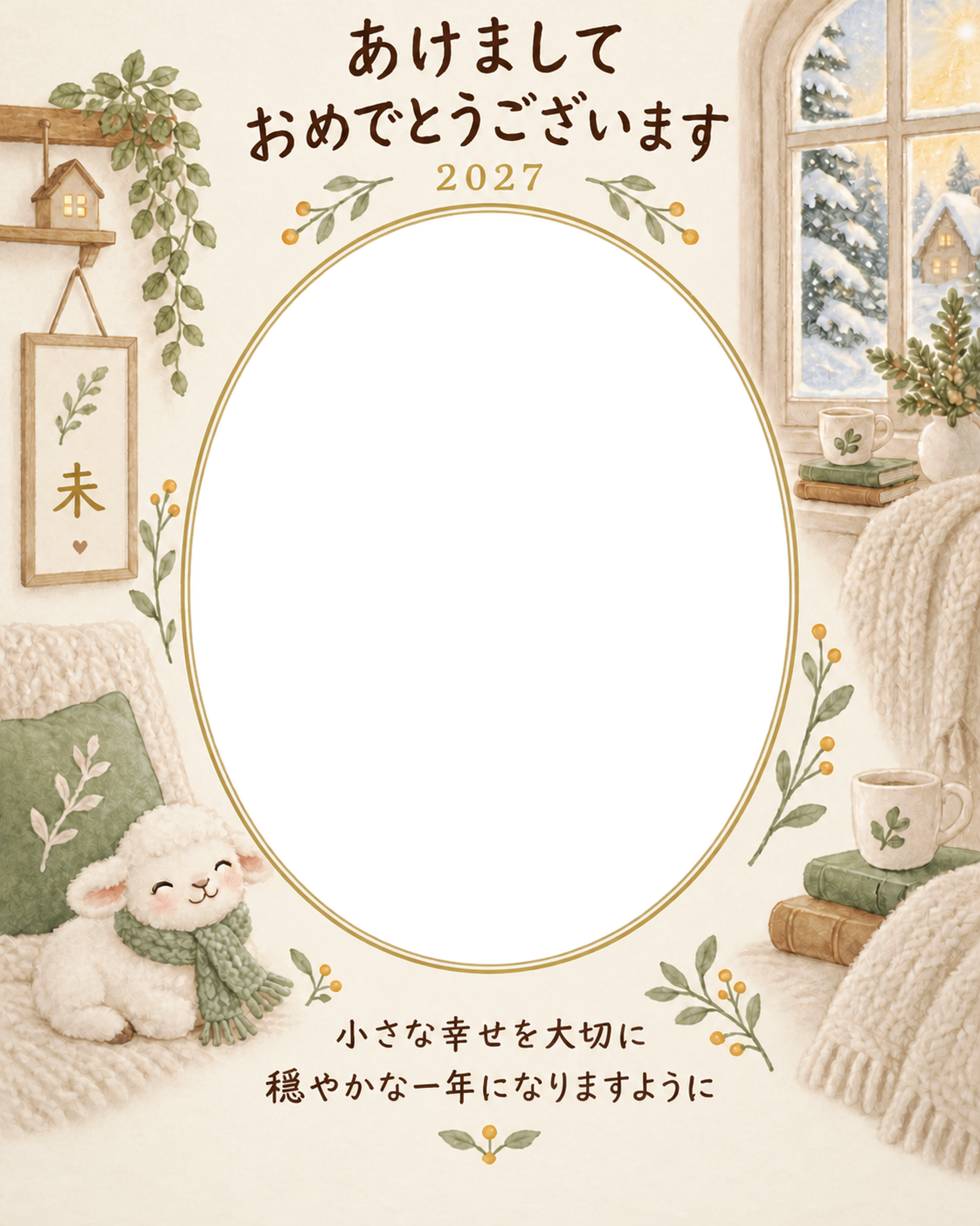 縦長のひだまりクッションの写真年賀状｜赤ちゃんと羊の無料イラスト素材 99060に写真・文字を入れる