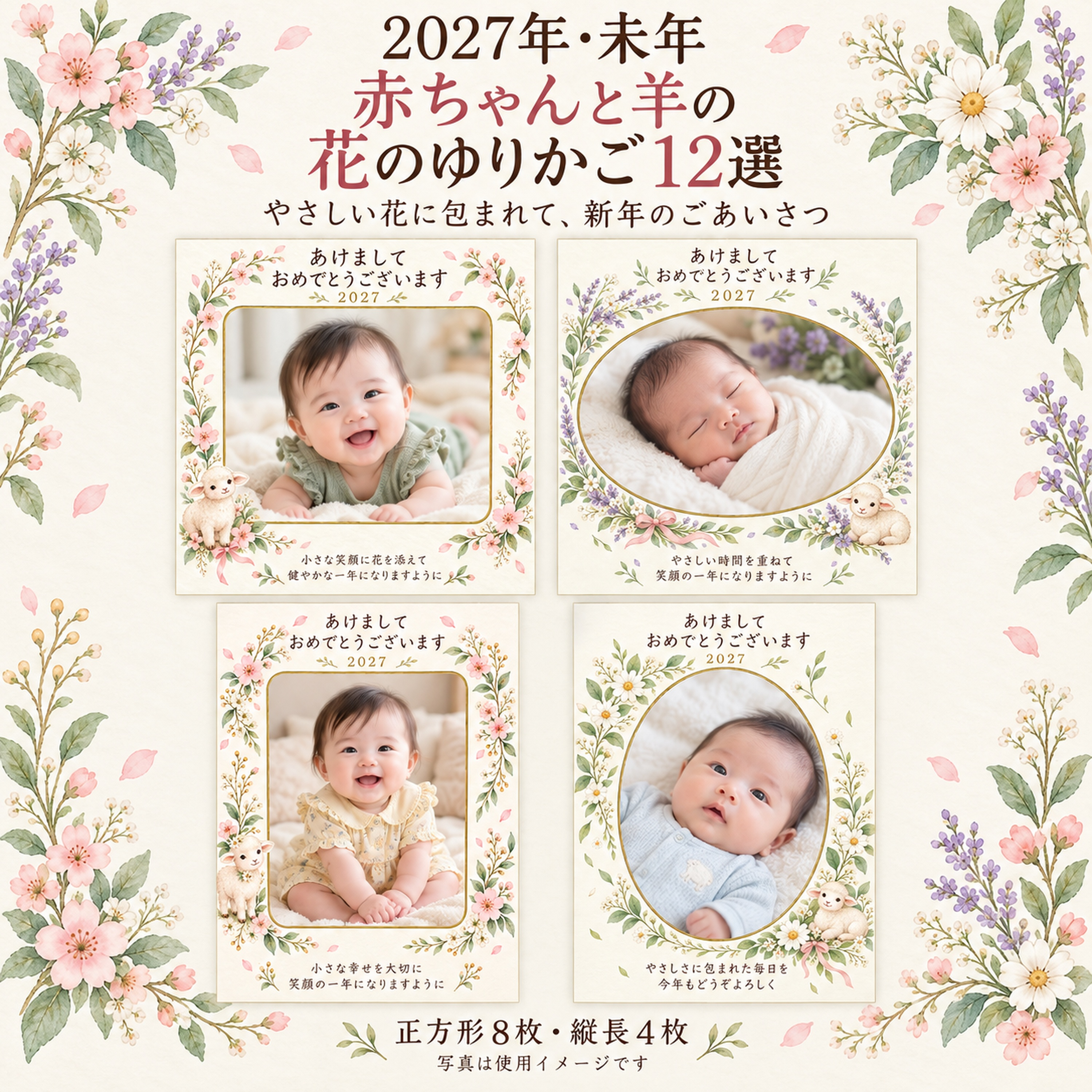 赤ちゃんと羊の花のゆりかご12選｜無料写真年賀状イラスト素材 99061に写真・文字を入れる