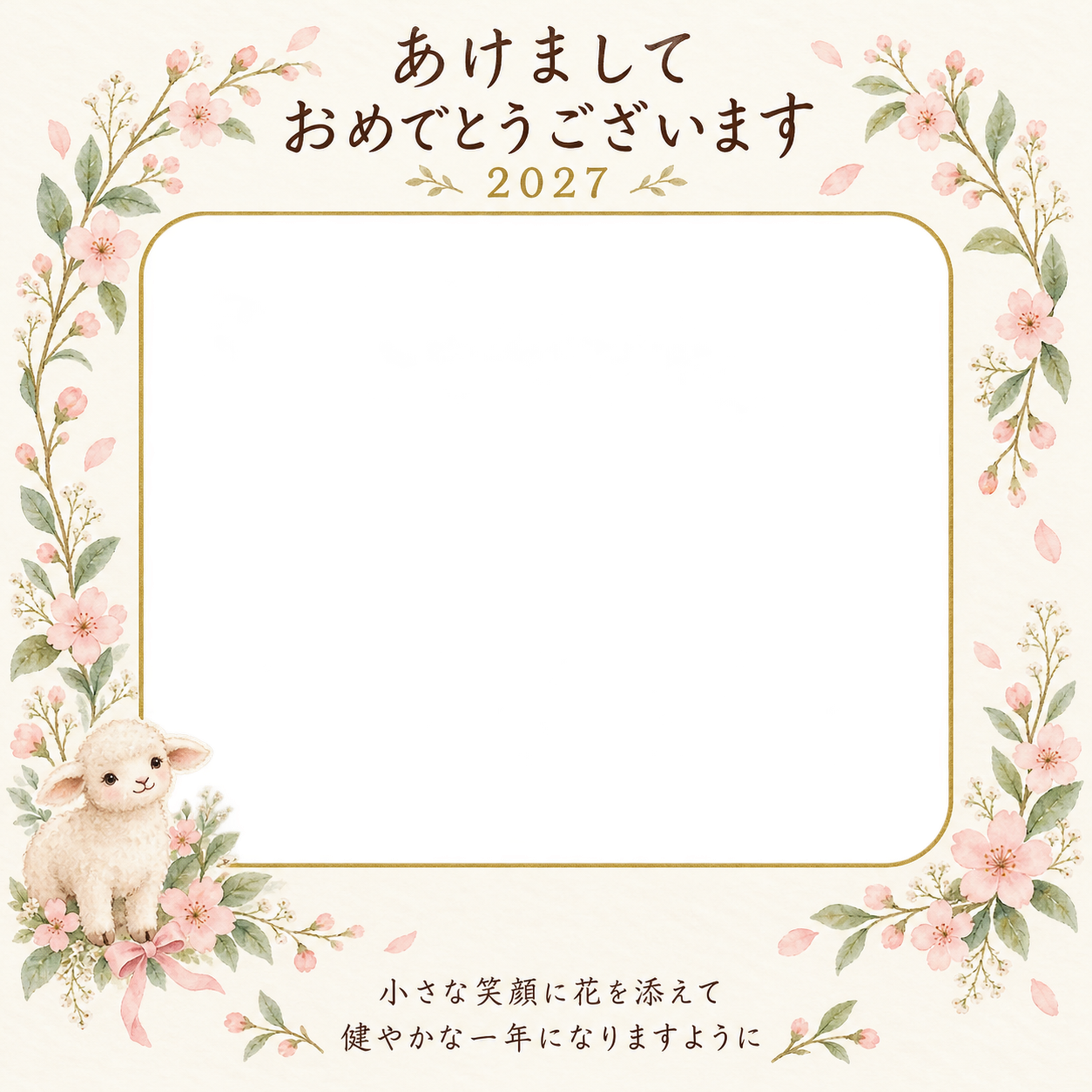 桃色の小花のゆりかごの写真年賀状｜赤ちゃんと羊の無料イラスト素材 99062に写真・文字を入れる