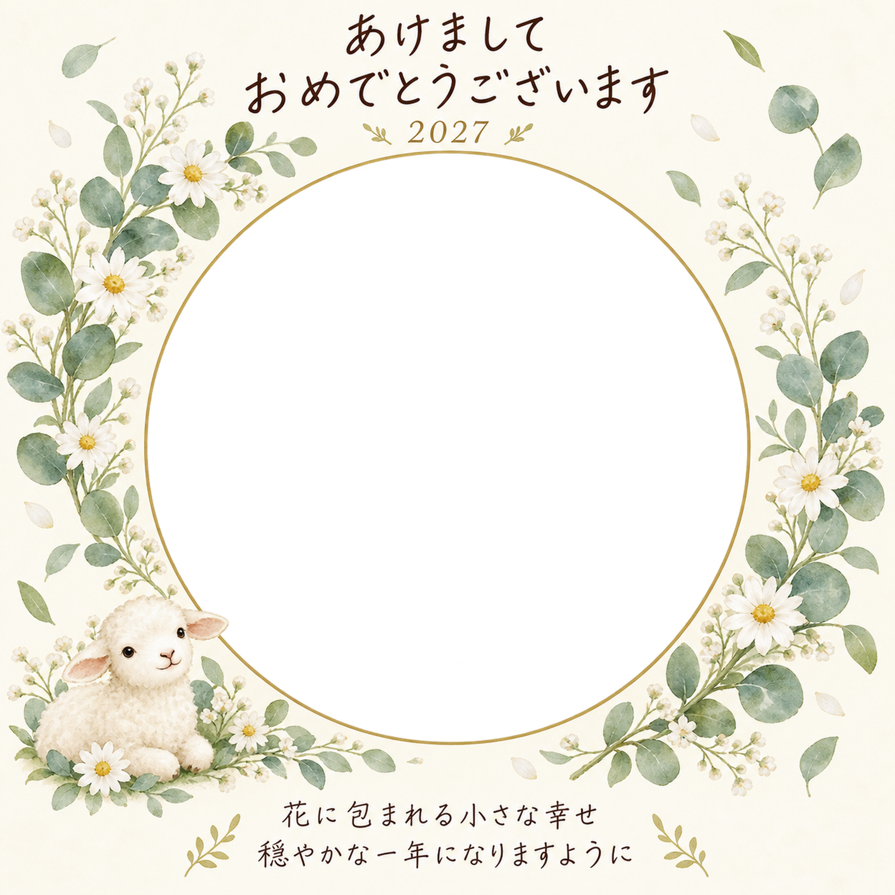 白い花のやさしいリースの写真年賀状｜赤ちゃんと羊の無料イラスト素材 99064に写真・文字を入れる