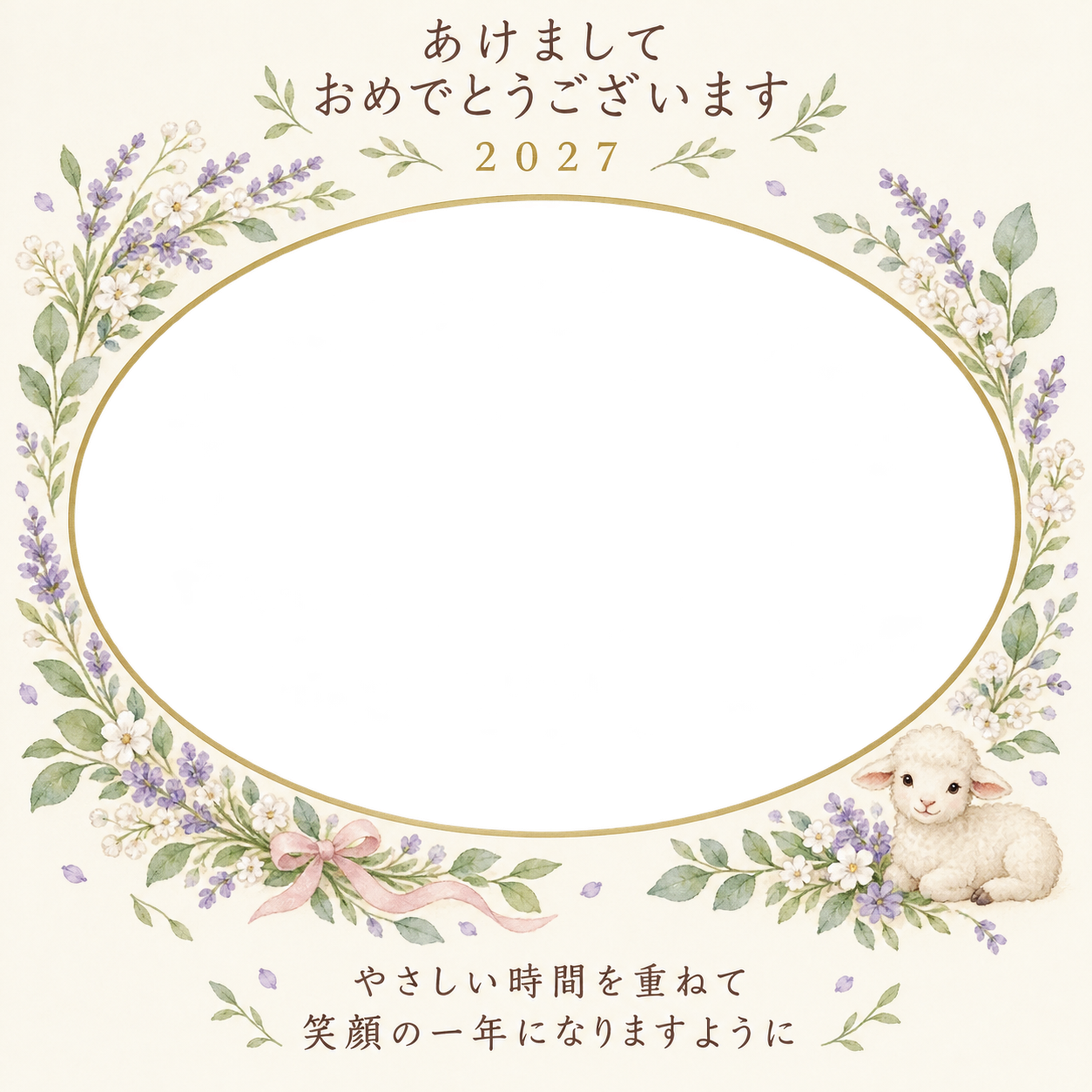 ラベンダーの花のゆりかごの写真年賀状｜赤ちゃんと羊の無料イラスト素材 99065に写真・文字を入れる