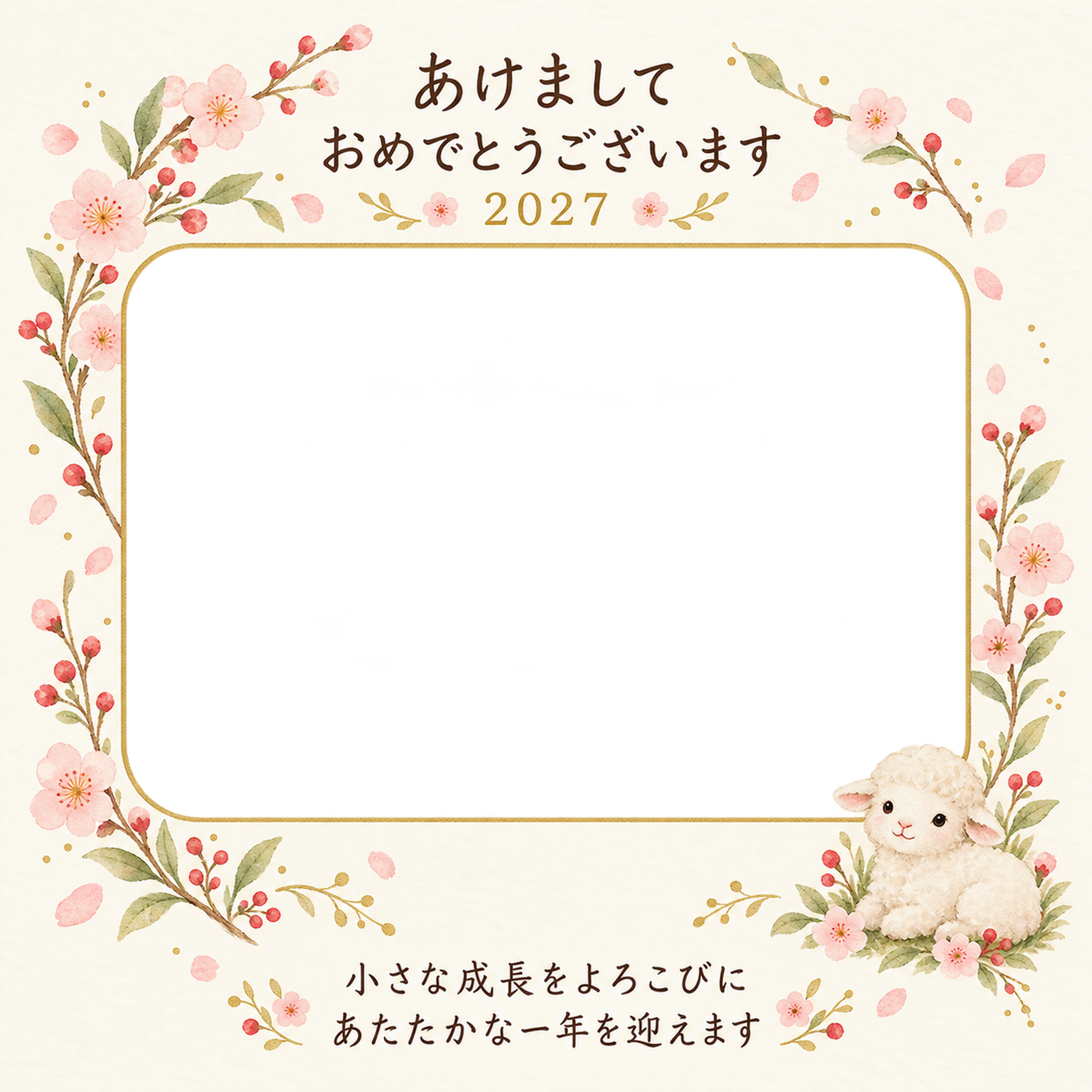 梅の花と小さな羊の写真年賀状｜赤ちゃんと羊の無料イラスト素材 99067に写真・文字を入れる