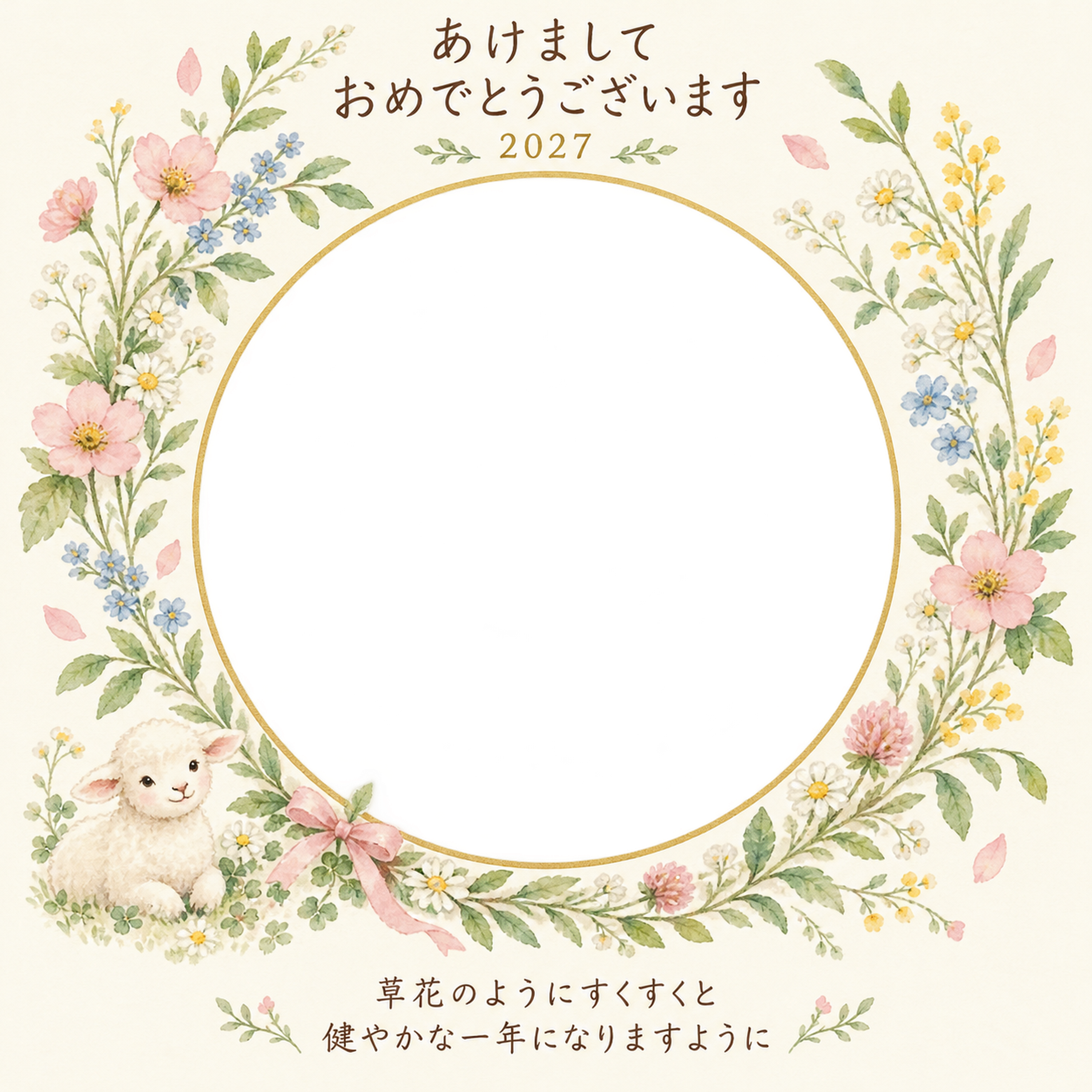草花の三日月リースの写真年賀状｜赤ちゃんと羊の無料イラスト素材 99068に写真・文字を入れる