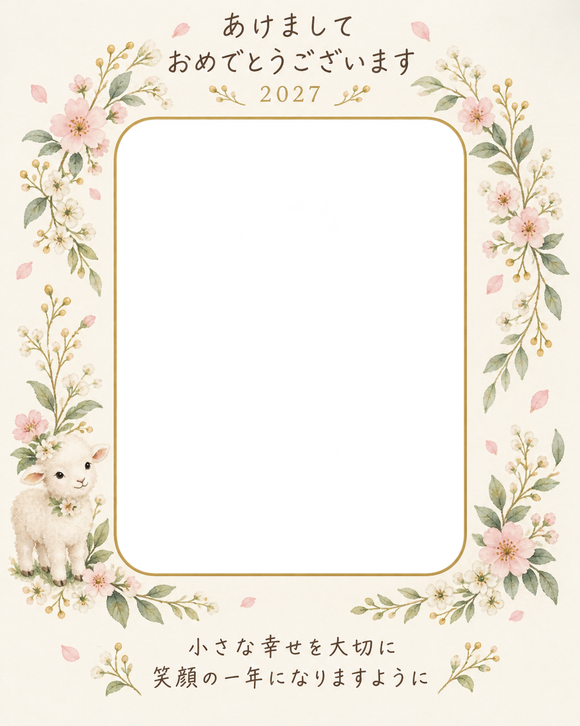 縦長の小花のゆりかごの写真年賀状｜赤ちゃんと羊の無料イラスト素材 99070に写真・文字を入れる