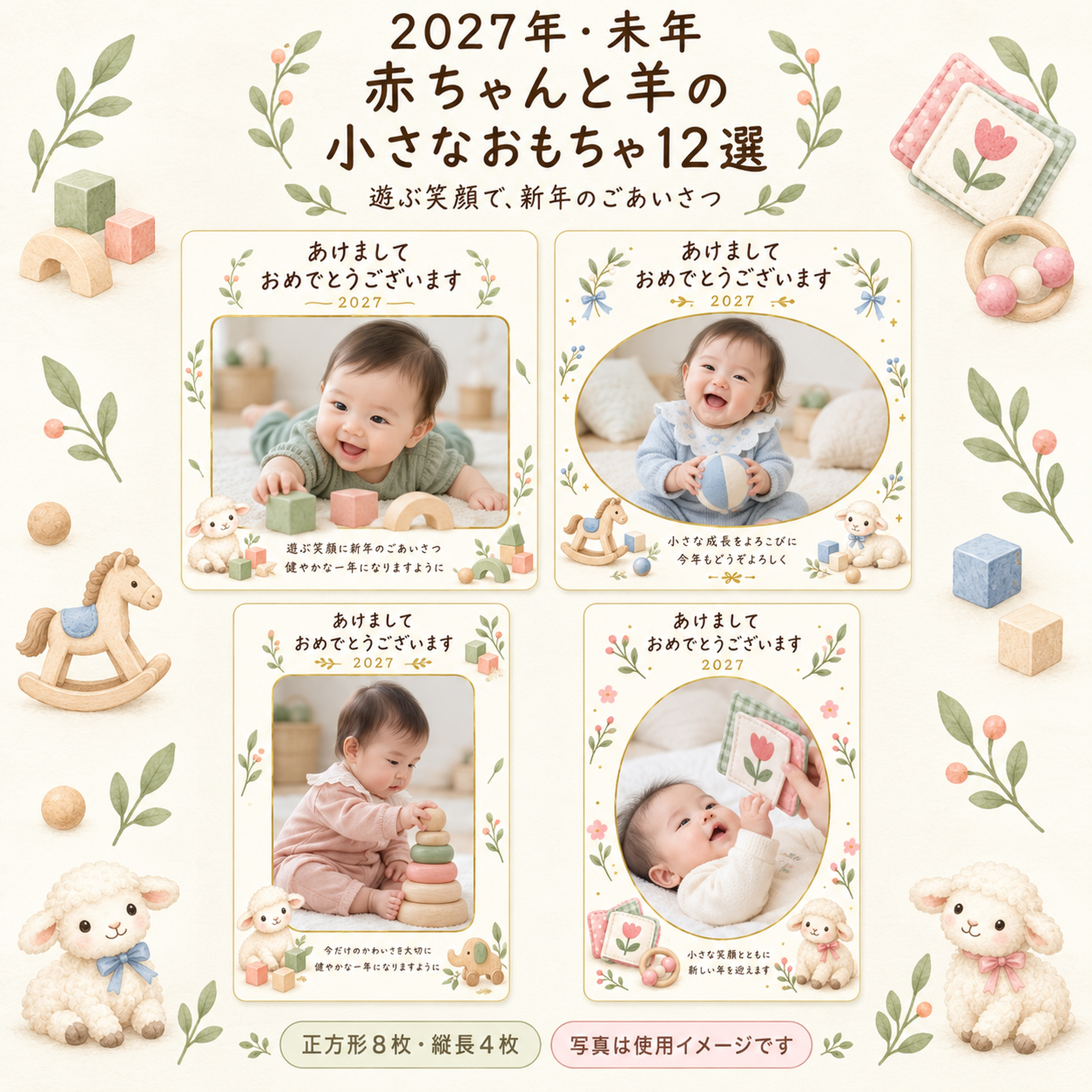 赤ちゃんと羊の小さなおもちゃ12選｜無料写真年賀状イラスト素材 99074に写真・文字を入れる